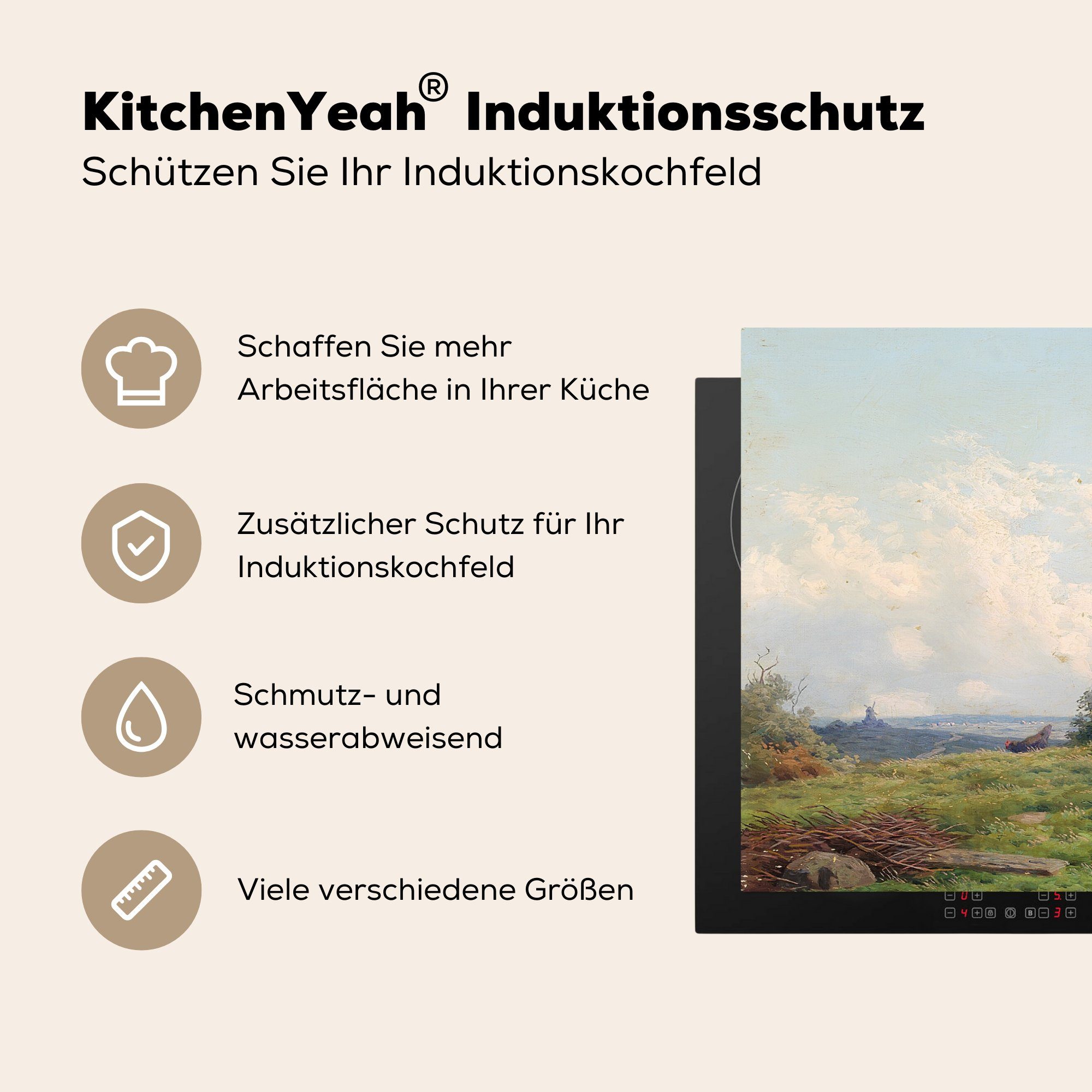 -, Schutz Herdblende-/Abdeckplatte Ceranfeldabdeckung (1 einer einem Hühner die 81x52 vor Induktionskochfeld cm, MuchoWow tlg), vor Steinmauer Bauernhaus für reetgedeckten Vinyl, küche,