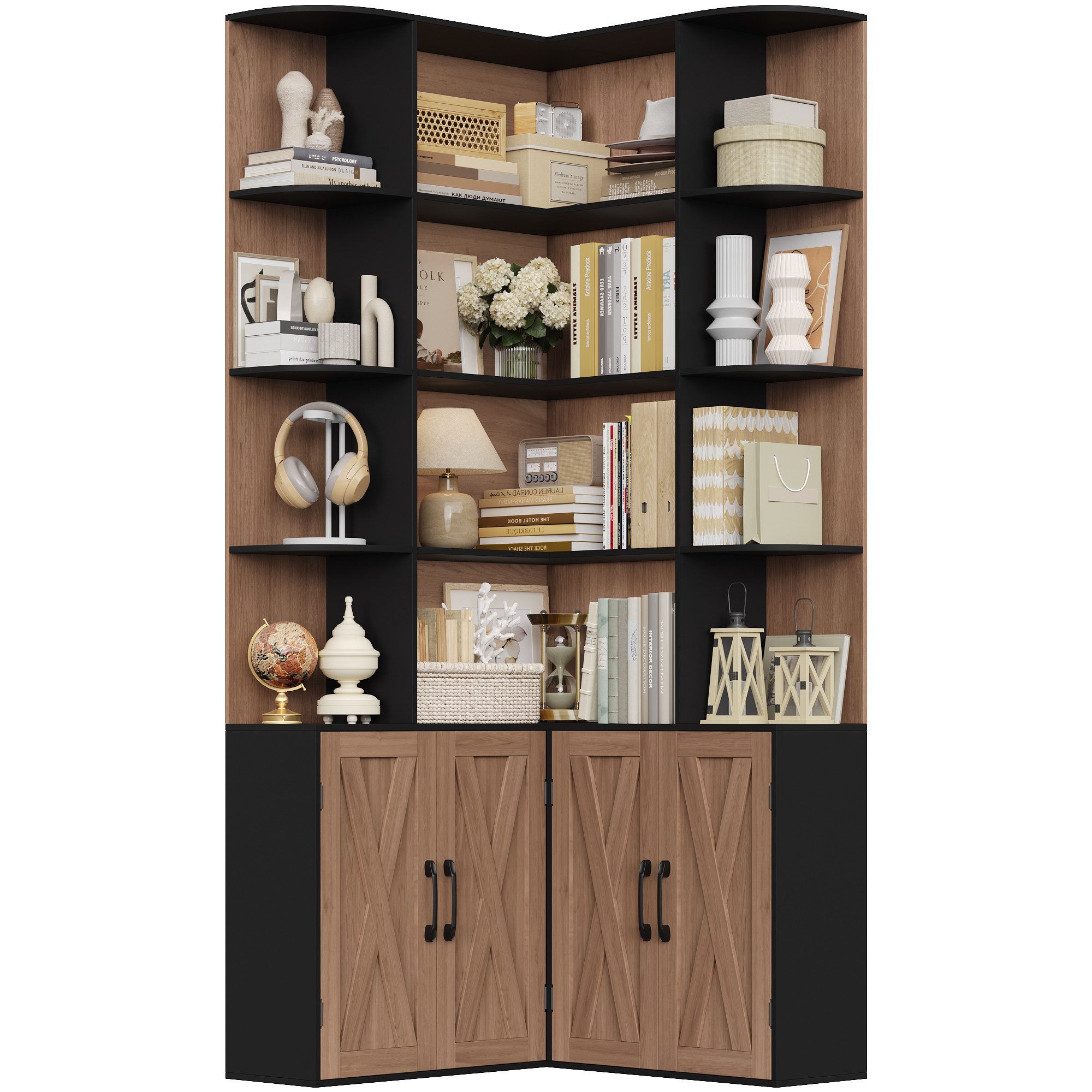 Homfa Bücherregal 187 cm hoher Bücherschrank mit Türen Eckregal, Eckbücherregal Standregal L-förmiger Eckschrank 80 x 80 x 187 cm