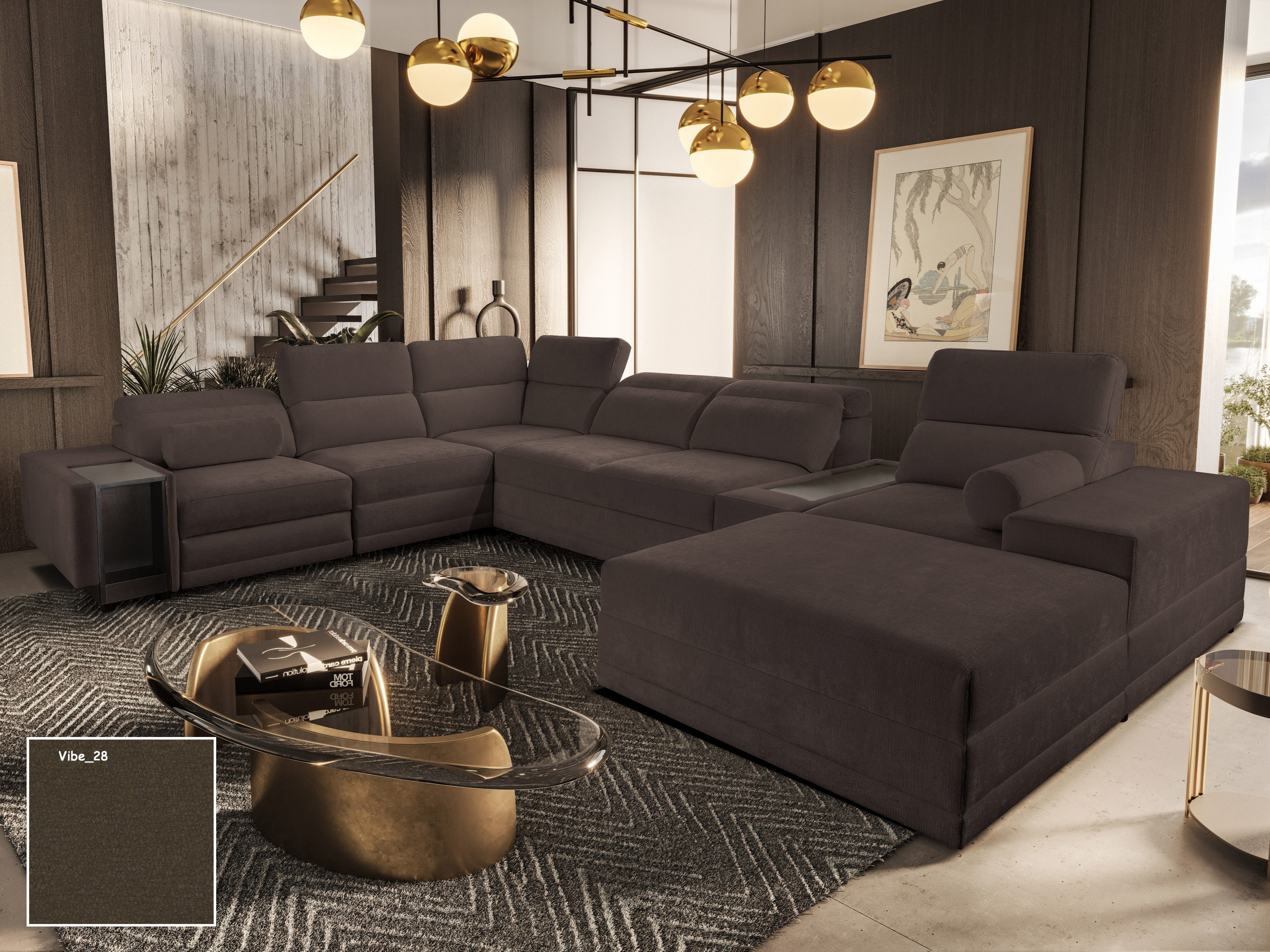 Möbel für Dich Wohnlandschaft XXL Enzo 15 mit freistellbarem Hocker und Schlaffunktion, mit 3 Bettkästen, Mittelkonsole und 7 verstellbaren Kopfstützen