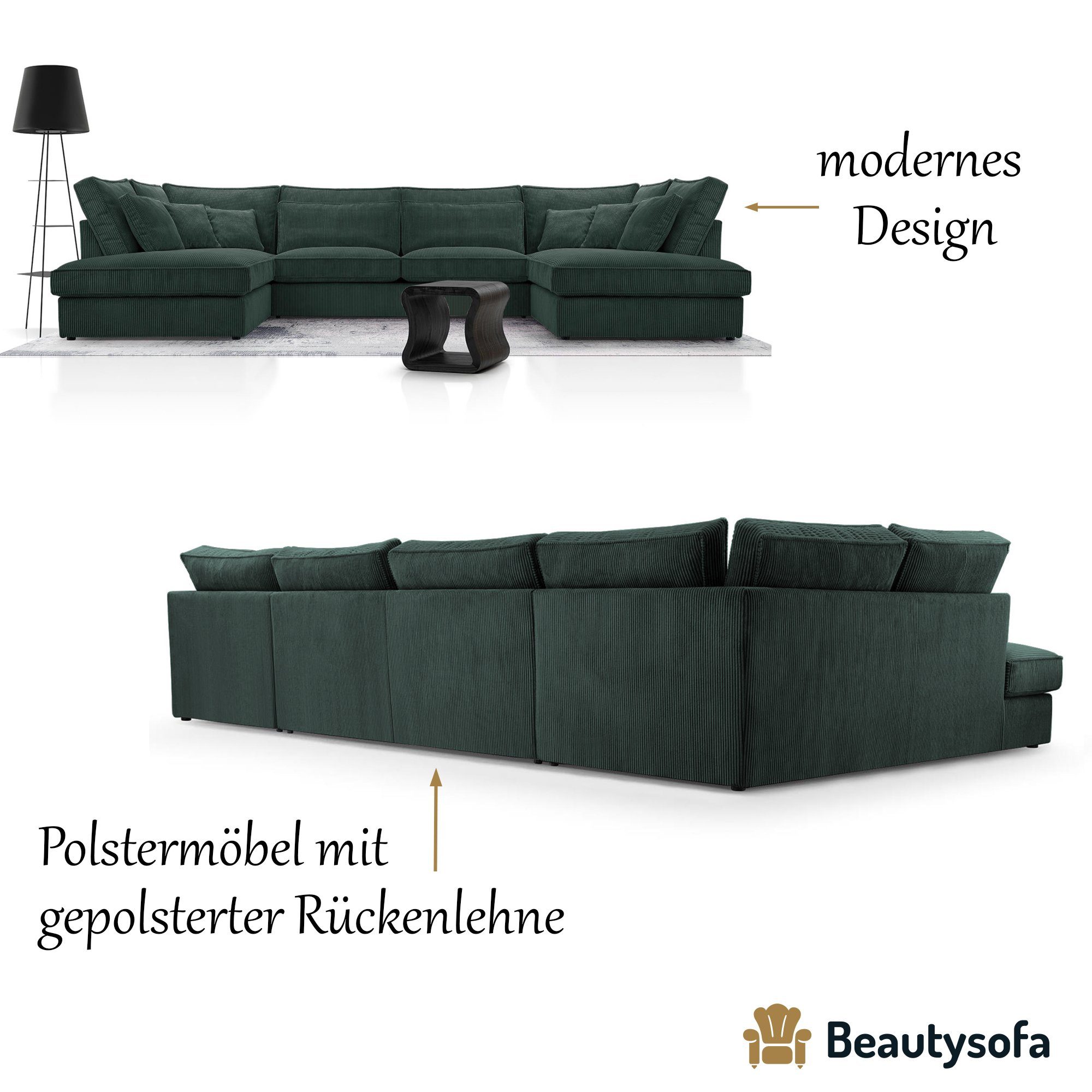 U, aus modern Wohnlandschaft 407 U-Form cm Sofa, Grün Velours, große Ecksofa 39) Polsterecke Beautysofa Parma (lincoln u-förmige Corner