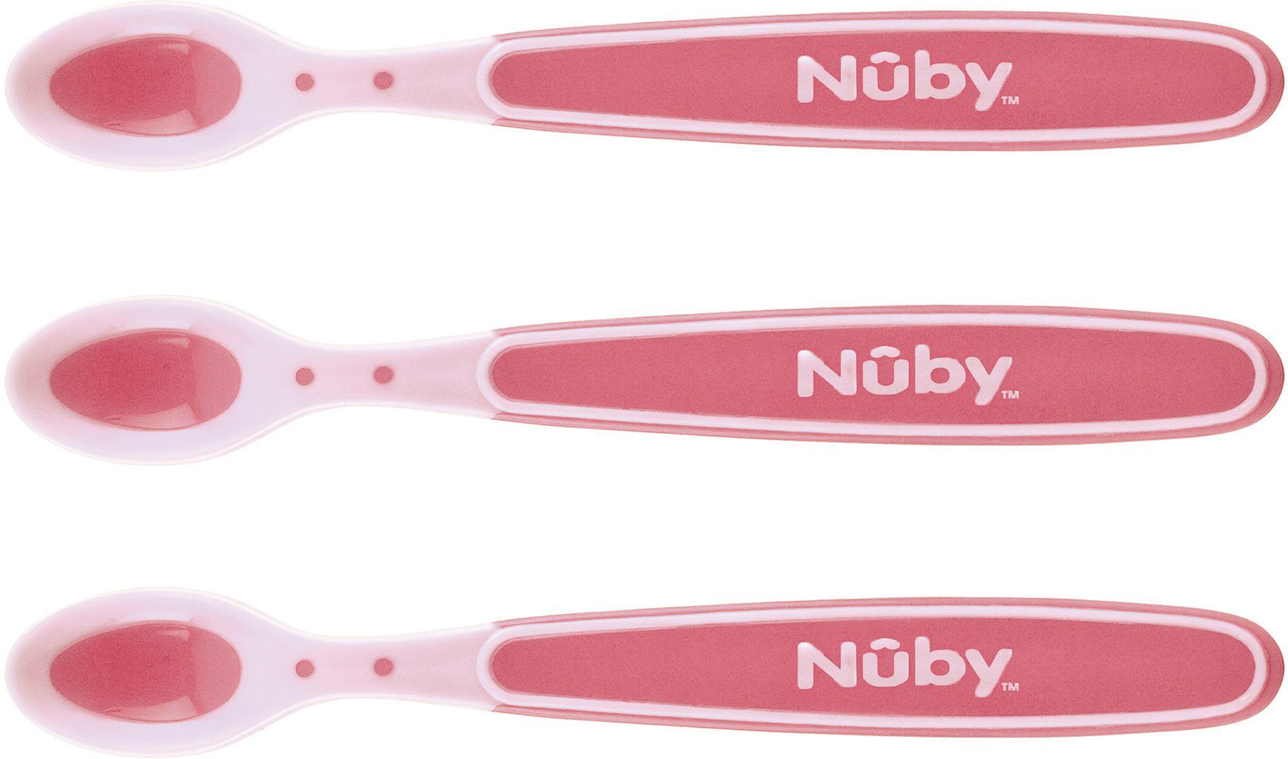 Nuby Kinderlöffel Breilöffel Soft Flex, 3er Set, pink (3 Stück), mit Wärmesensor