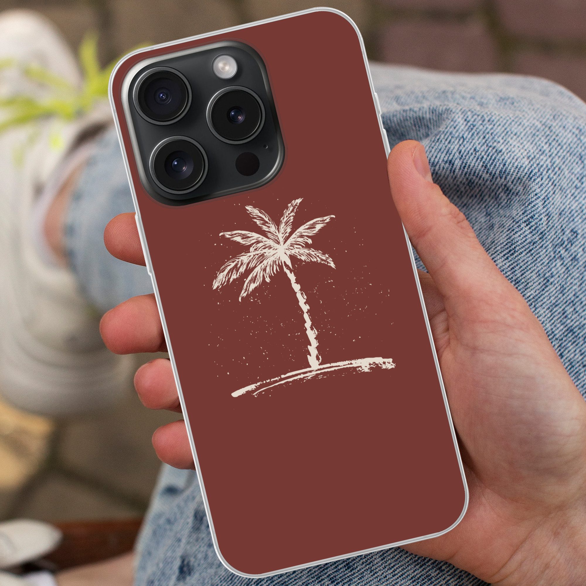 MuchoWow Handyhülle für Apple iPhone 15 Pro Palme - Beige - Rot - Tropisch, Smartphone-Bumper, Print, Handy Schutzhülle Dünn