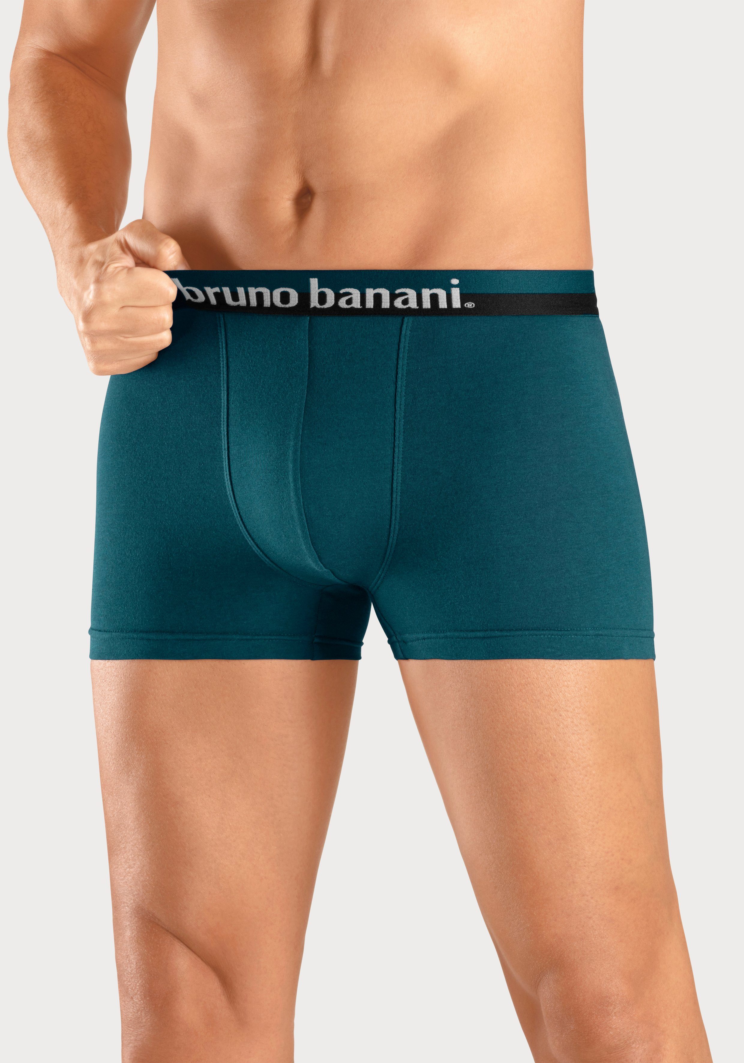 auf dem erhabenem Bund 4-St) anthrazit petrol, mit blau, Banani Bruno Boxer (Packung, Logo-Druck navy,