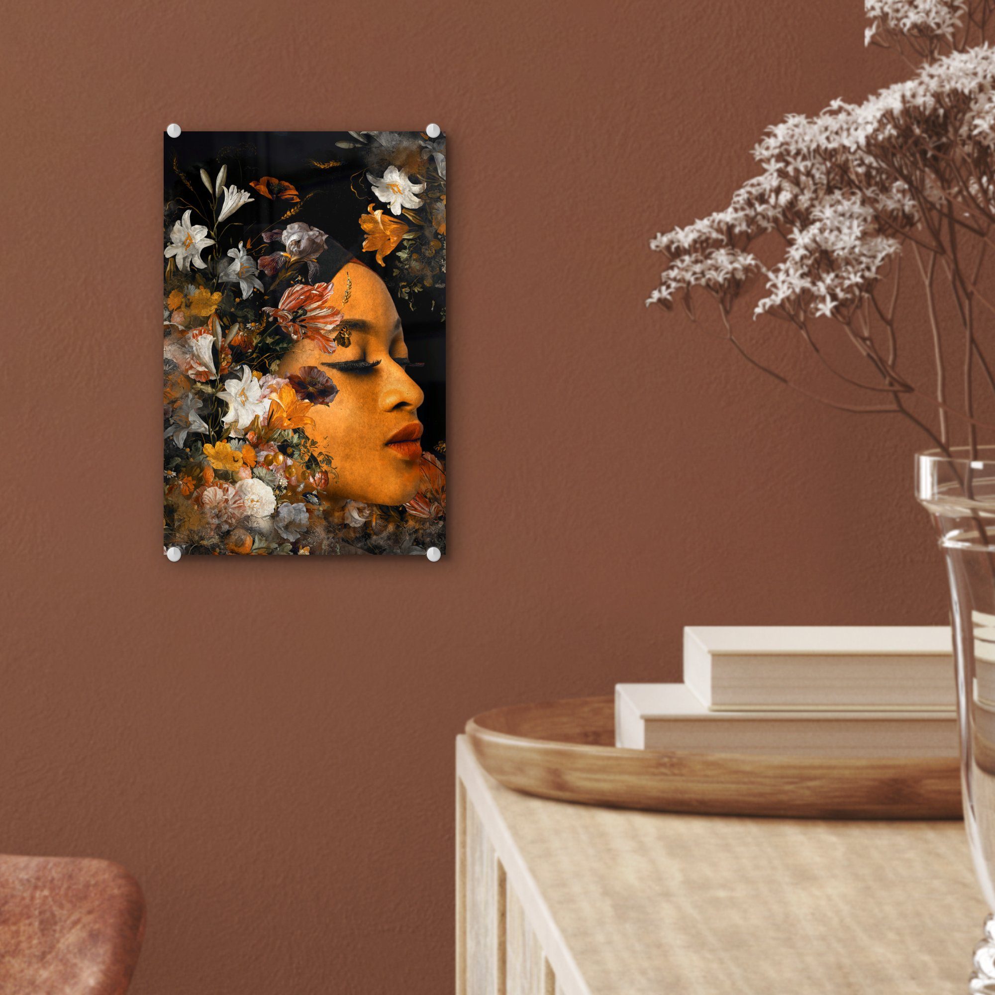 MuchoWow Acrylglasbild Blumen - Frau Glas - - St), - Bilder auf Glas - Farben, Glasbilder Wandbild Wanddekoration (1 Foto auf