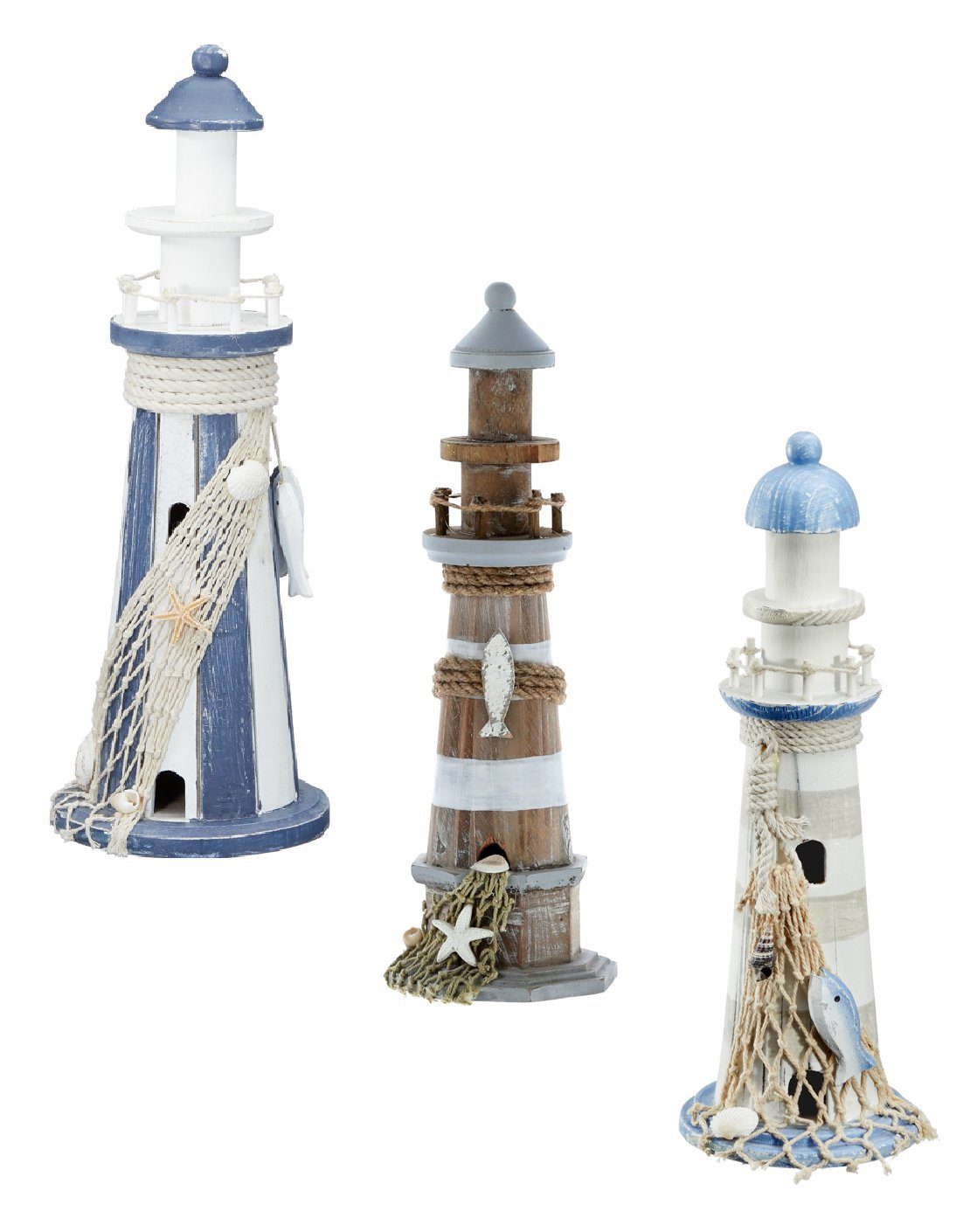 Meinposten Dekoobjekt Leuchtturm Holz blau weiß Deko m. Muscheln & Netz Dekoration Strand Meer Maritim (1 St) blau-weiß
