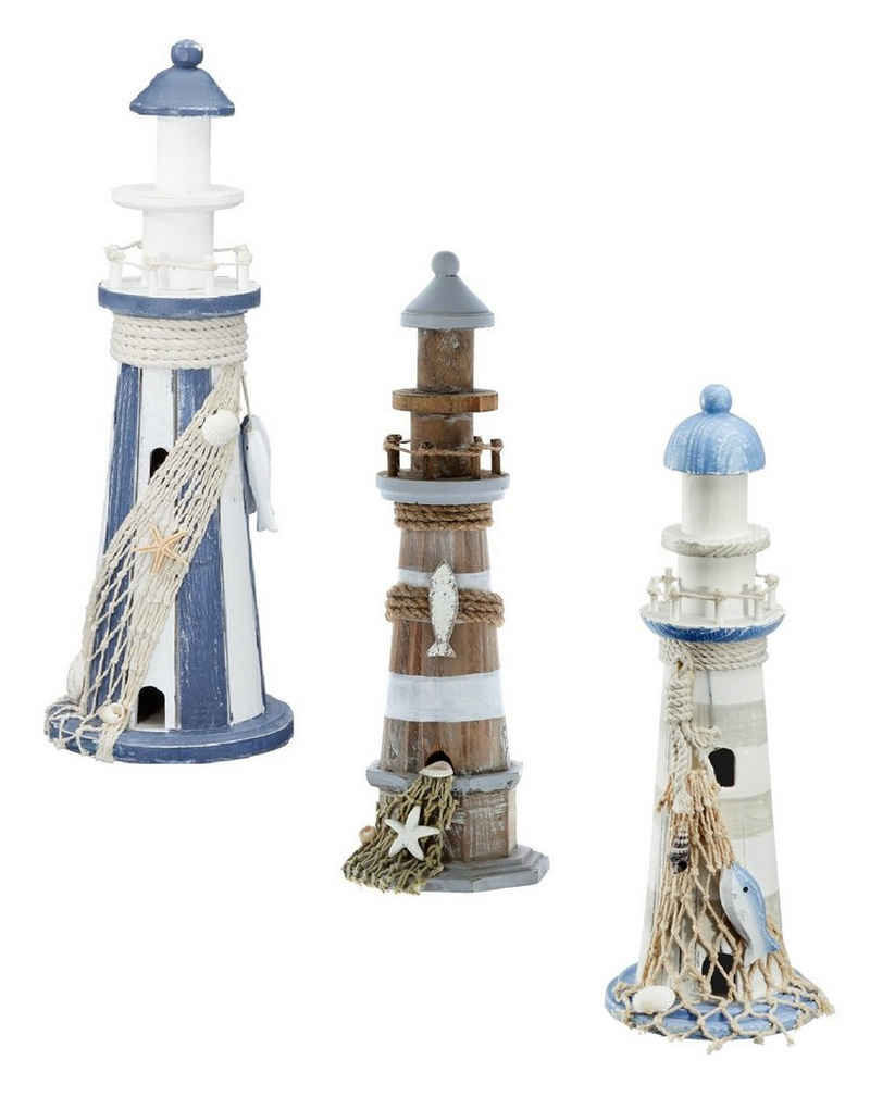 Meinposten Dekoobjekt Leuchtturm Holz blau weiß Deko m. Muscheln & Netz Dekoration Strand Meer Maritim (1 St)