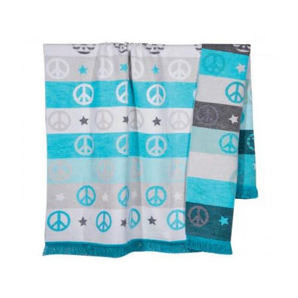 Plaid Kuscheldecke PEACE türkis grau mit Peacezeichen hochwertige Sofadecke  Hamptons, PAD