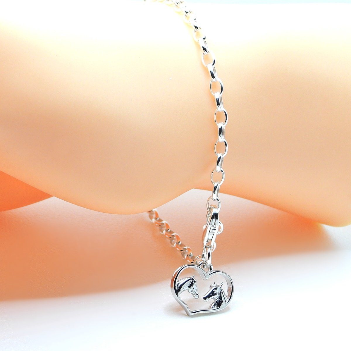 Goldene Hufeisen Charm Herz Herz Pferd mit Stute Charm Anhänger 925 Sterling Silber, Pferde-Schmuck