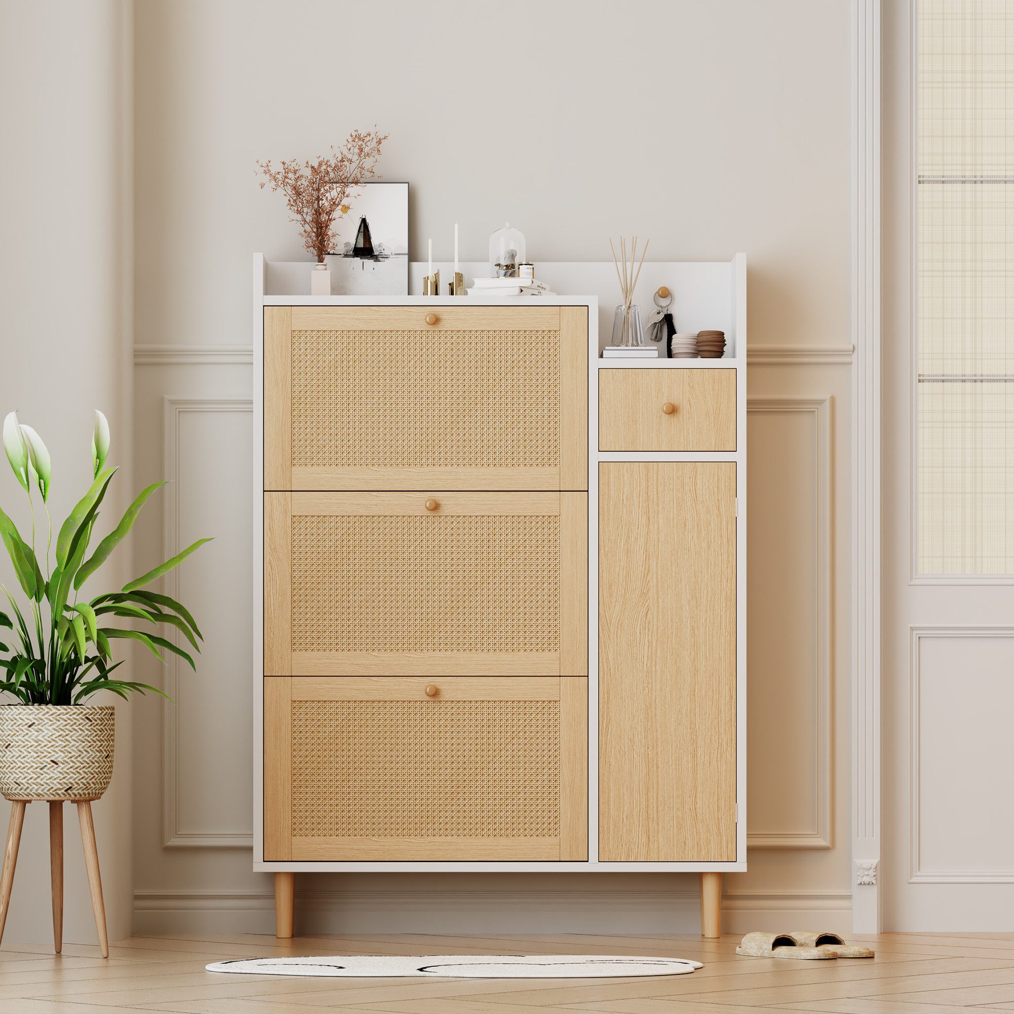Merax Schuhschrank mit Rattandekor mit 3 Klappen, Tür und Schublade, Sidebo günstig online kaufen