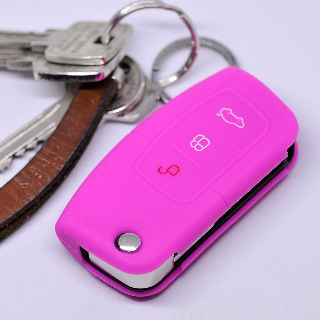 mt-key Schlüsseltasche Autoschlüssel Softcase Silikon 3 Fiesta Kuga Focus Ecosport für Pink, Ford S-Max C-Max Schutzhülle Klappschlüssel Knopf