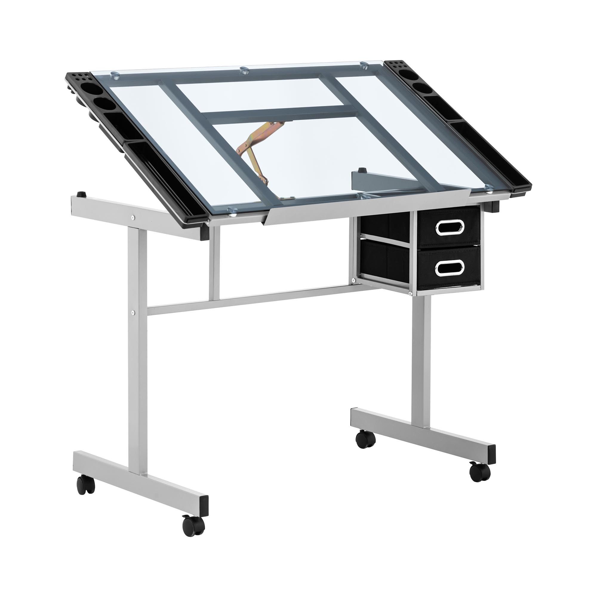 Fromm&Starck Zeichentisch 104 x 60 cm Architektentisch Arbeitstisch neigbar Glasplatte Rollen, Silbern