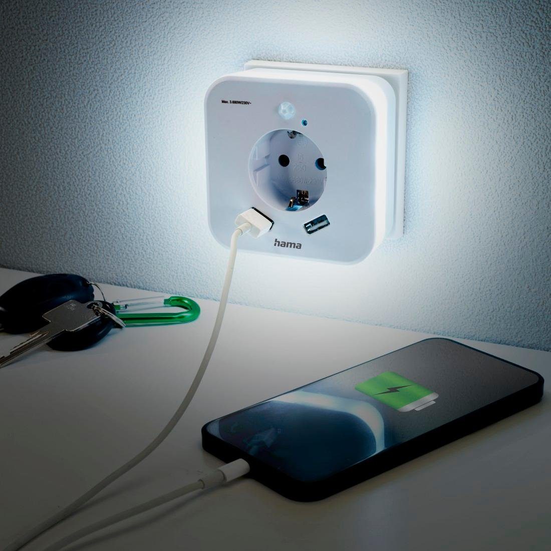 Hama LED Nachtlicht Nachtlicht mit Steckdose Nachtlichtfunktion, USB 2 und Erwachsene, USB-Anschluss Kinder Tageslichtweiß, Baby, und Ladefunktion, mit für LED taglichtweiß, integriert, fest Bewegungsmelder, Bewegungsmelder