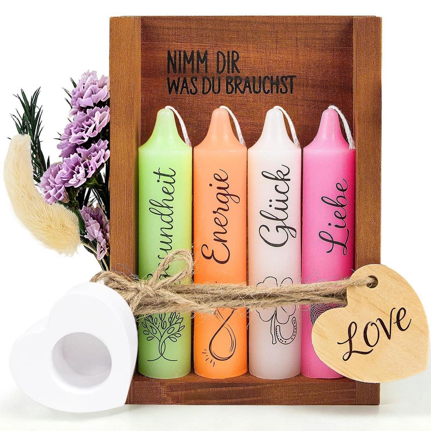 LuxusKollektion Formkerze Geschenkset Kerzen 4er Holzbox Herzhalter Deko