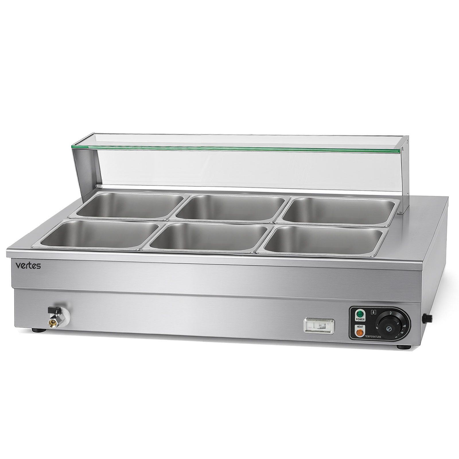 vertes Speisenwärmer Bain Marie Buffetwärmer Für Speisen Elektrisch 1500W aus Edelstahl, Inkl 6x 1/2 GN Behälter mit Deckel, 10L, Ablasshahn, 30-85°C