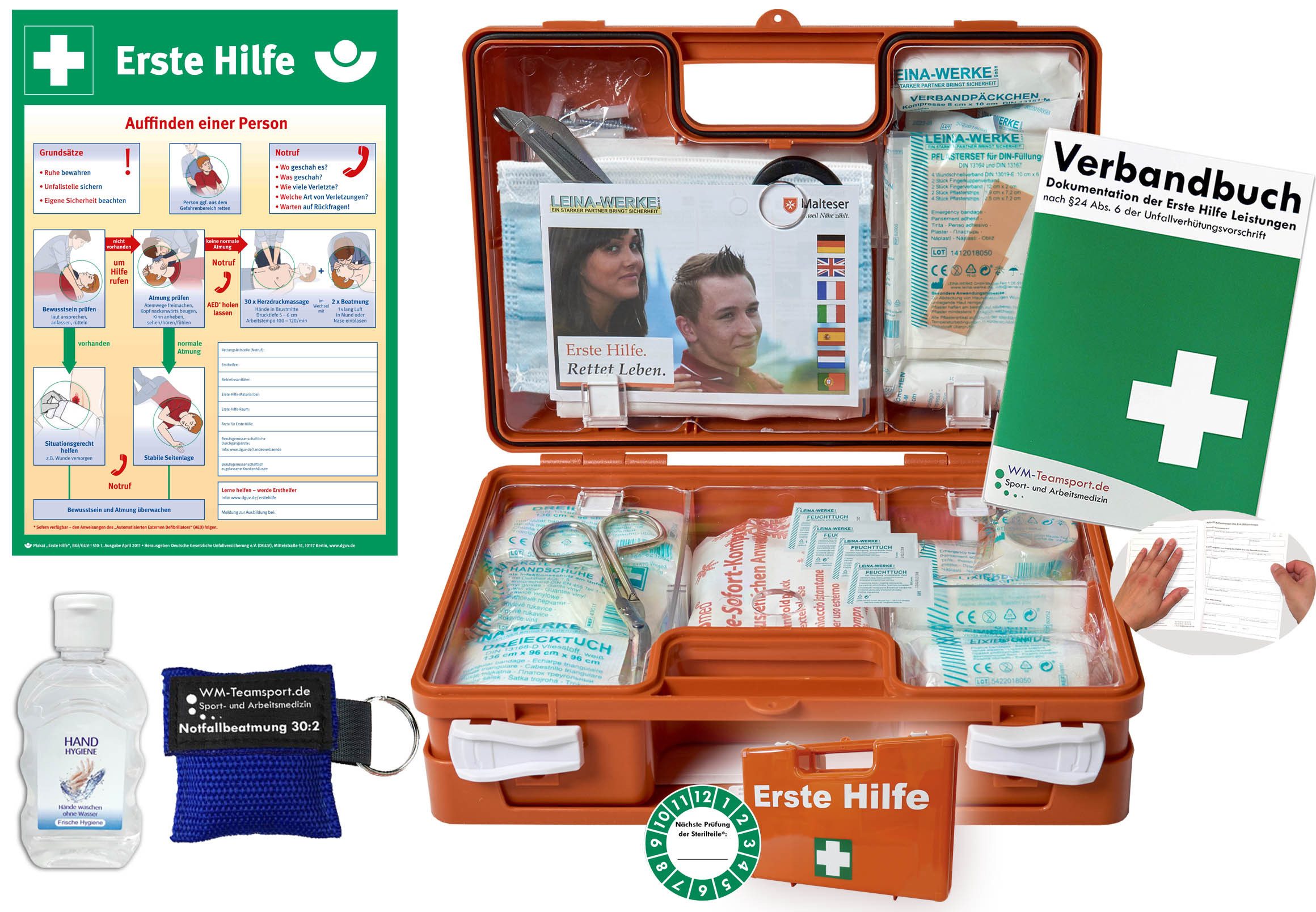 Erste-Hilfe-Koffer 1. Hilfe Koffer (K) DIN 13157 + Hygiene-Gel, Beatmung + Aushang