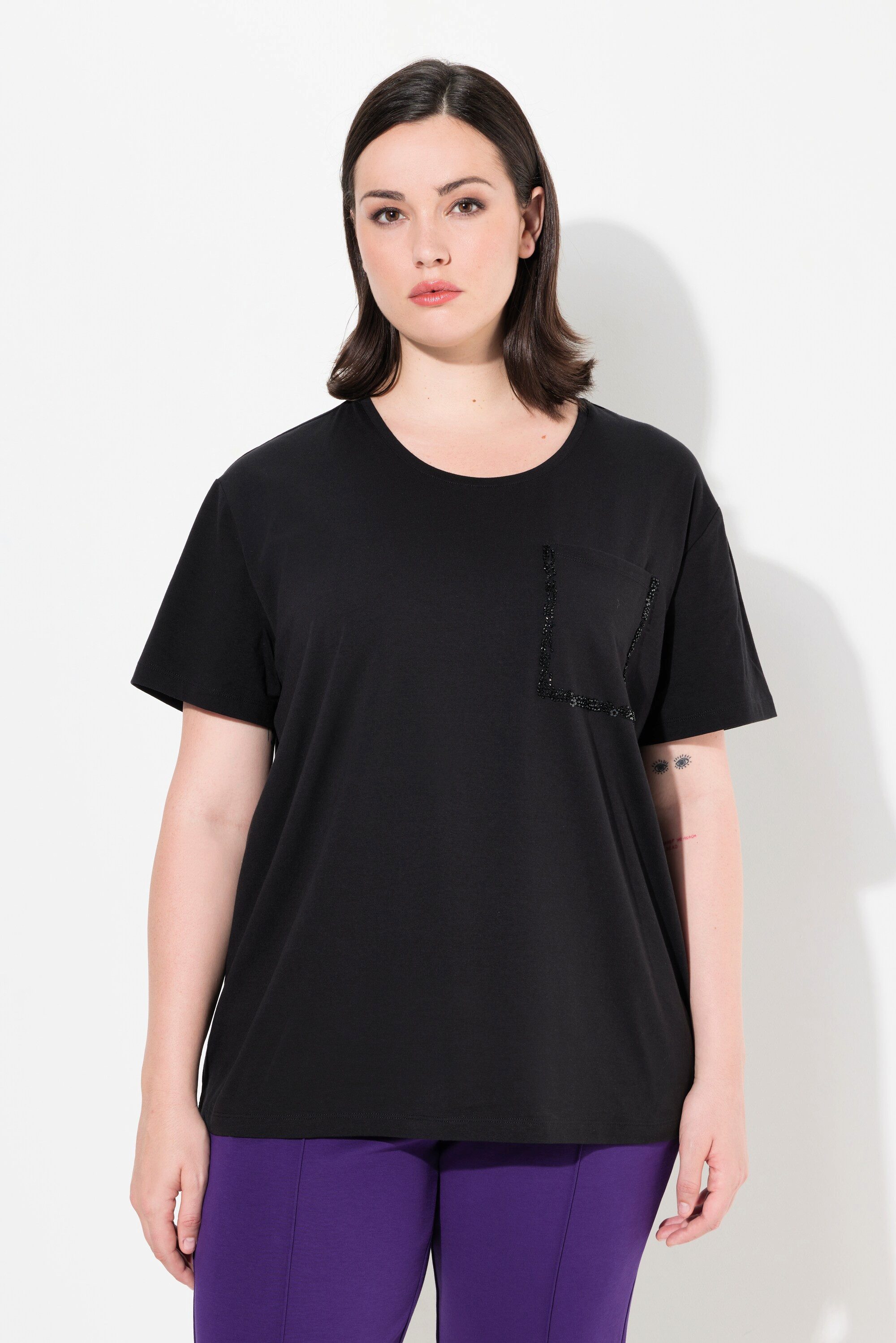 T-Shirt T-Shirt Brusttasche Perlen Oversized Rundhals