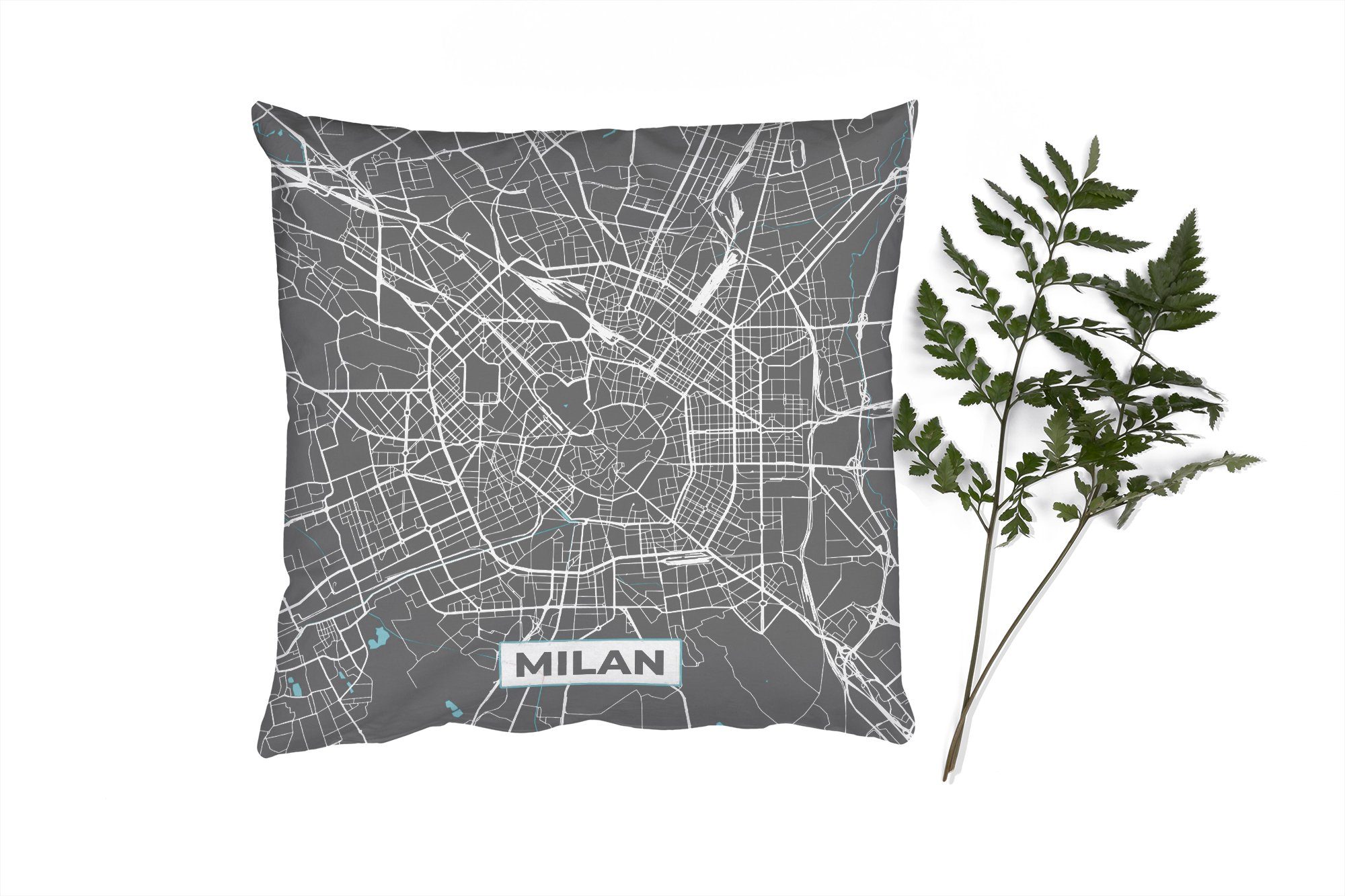 MuchoWow Dekokissen Mailand - Stadtplan - Blau - Karte, Zierkissen mit Füllung für Wohzimmer, Schlafzimmer, Deko, Sofakissen