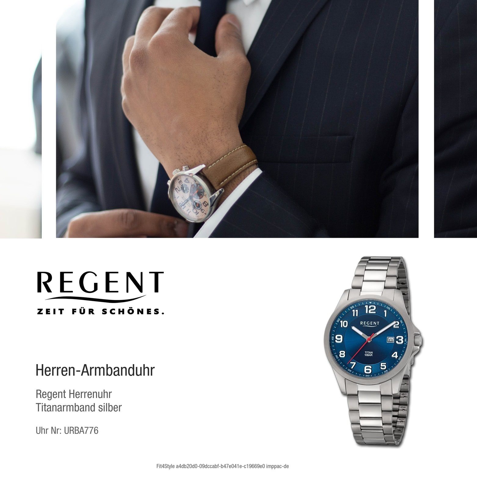 Regent Quarzuhr extra Analog, rundes Gehäuse, Armbanduhr silber, Regent Herren (ca. groß 39mm) Herrenuhr Titanarmband