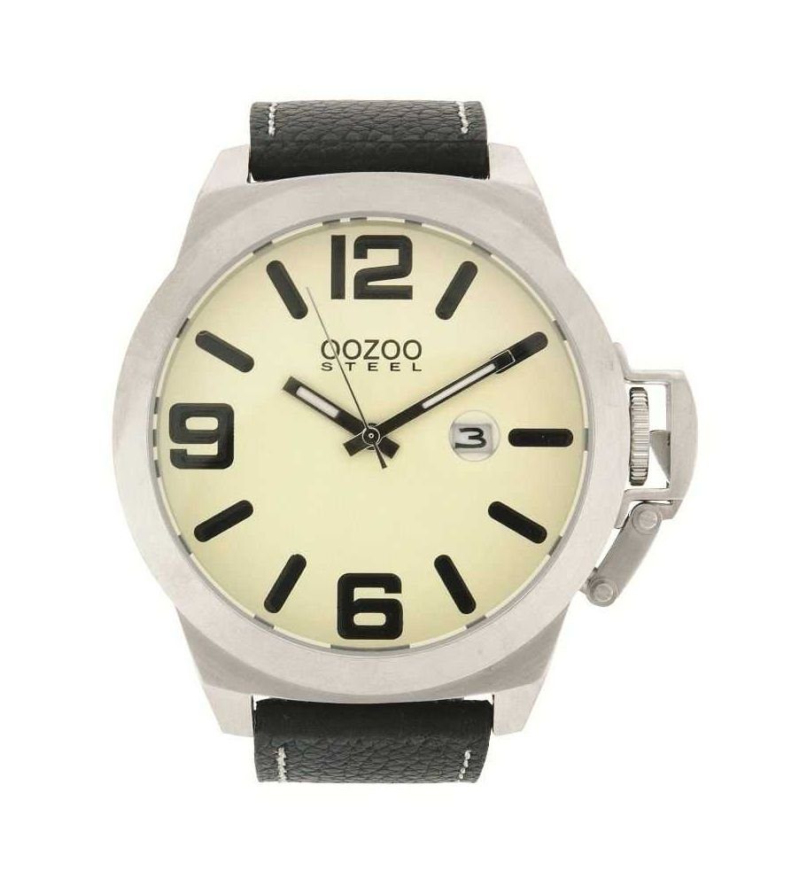 OOZOO Quarzuhr Steel OS0005 XXL Herrenuhr creme/schwarz, Lederarmband,  50mm, Datumsanzeige mit Lupe