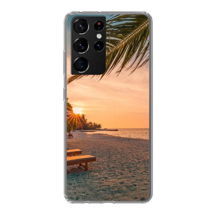 MuchoWow Handyhülle Strand - Strandkorb - Sonnenuntergang Phone Case Handyhülle Samsung Galaxy S21 Ultra Silikon Schutzhülle