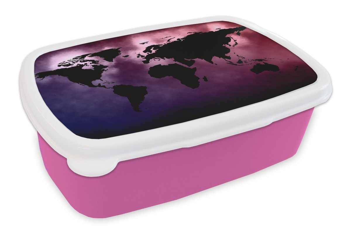 MuchoWow Lunchbox Weltkarte - Schwarz - Rosa, Kunststoff, (2-tlg), Brotbox für Erwachsene, Brotdose Kinder, Snackbox, Mädchen, Kunststoff
