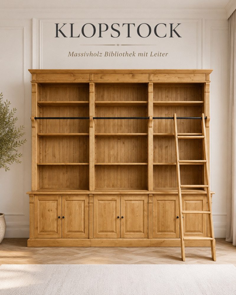 Wohnpalast Sideboard Bibliothek „Klopstock“ – Massivholz-Bibliothek mit Leiter