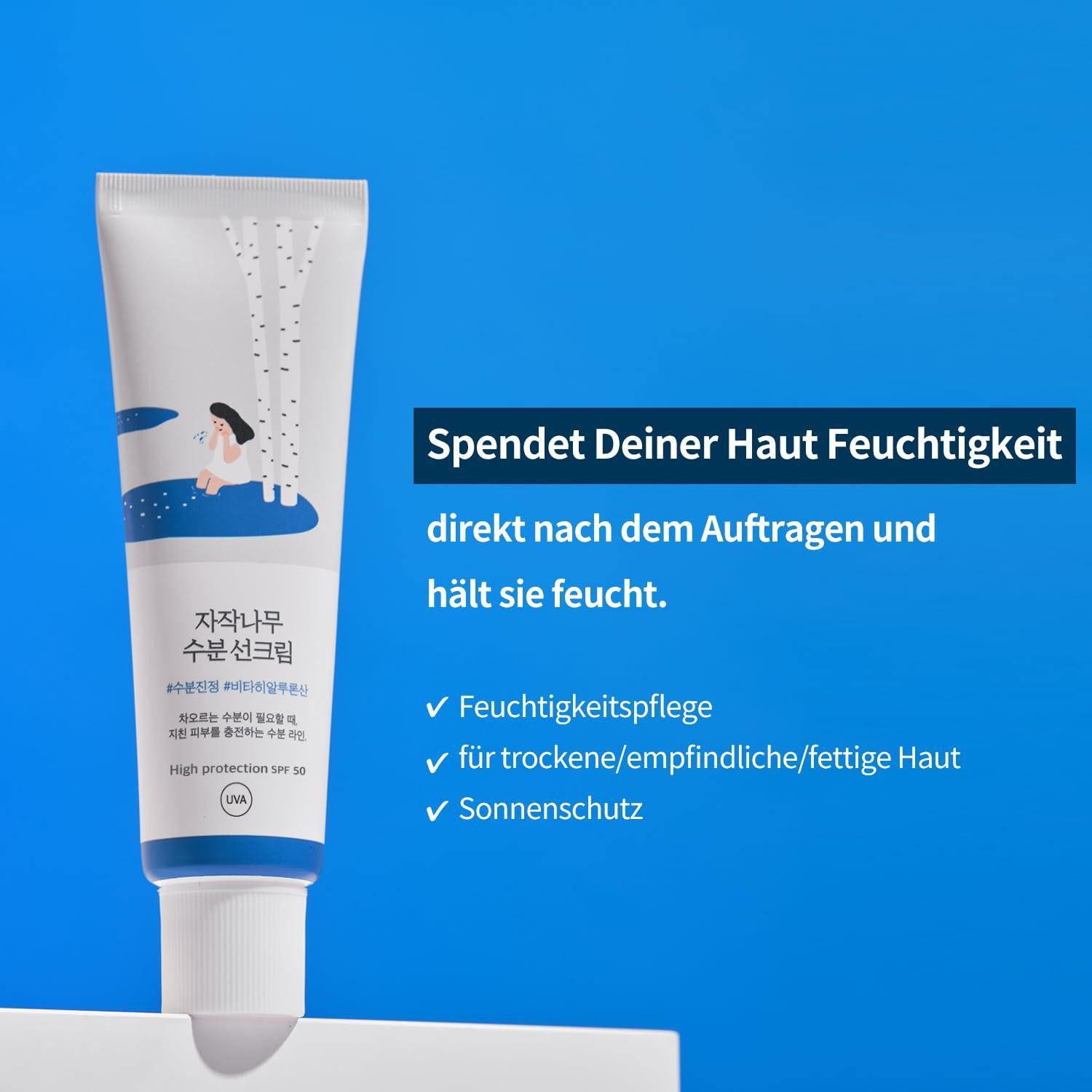 Round LAB Sonnenschutzcreme Birch Juice Moisturizing Sun Cream SPF50+ PA++++ –, feuchtigkeitsspendende Sonnencreme mit Birkensaft, Hyaluronsäure & Niacinamid, 1x Sonnenschutzcreme 50ml, leichter UV-Schutz ohne weißen Film, für empfindliche Haut, 50 ml