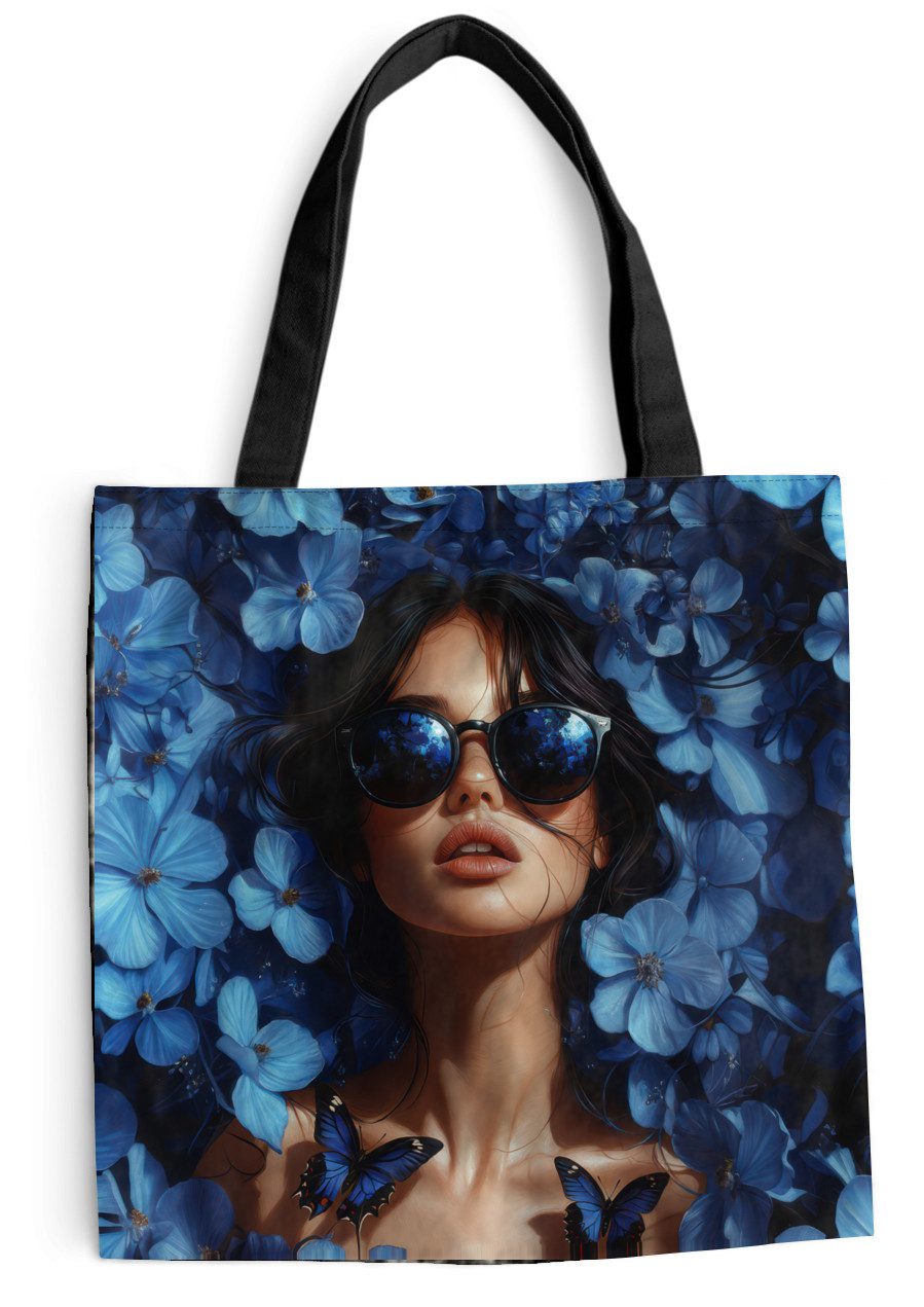 MuchoWow Shopper Frau - Blau - Blumen - Schmetterlinge - Natur, Handtasche, Damen und Herren, Schultertasche, Umhängetasche, Tote Bag
