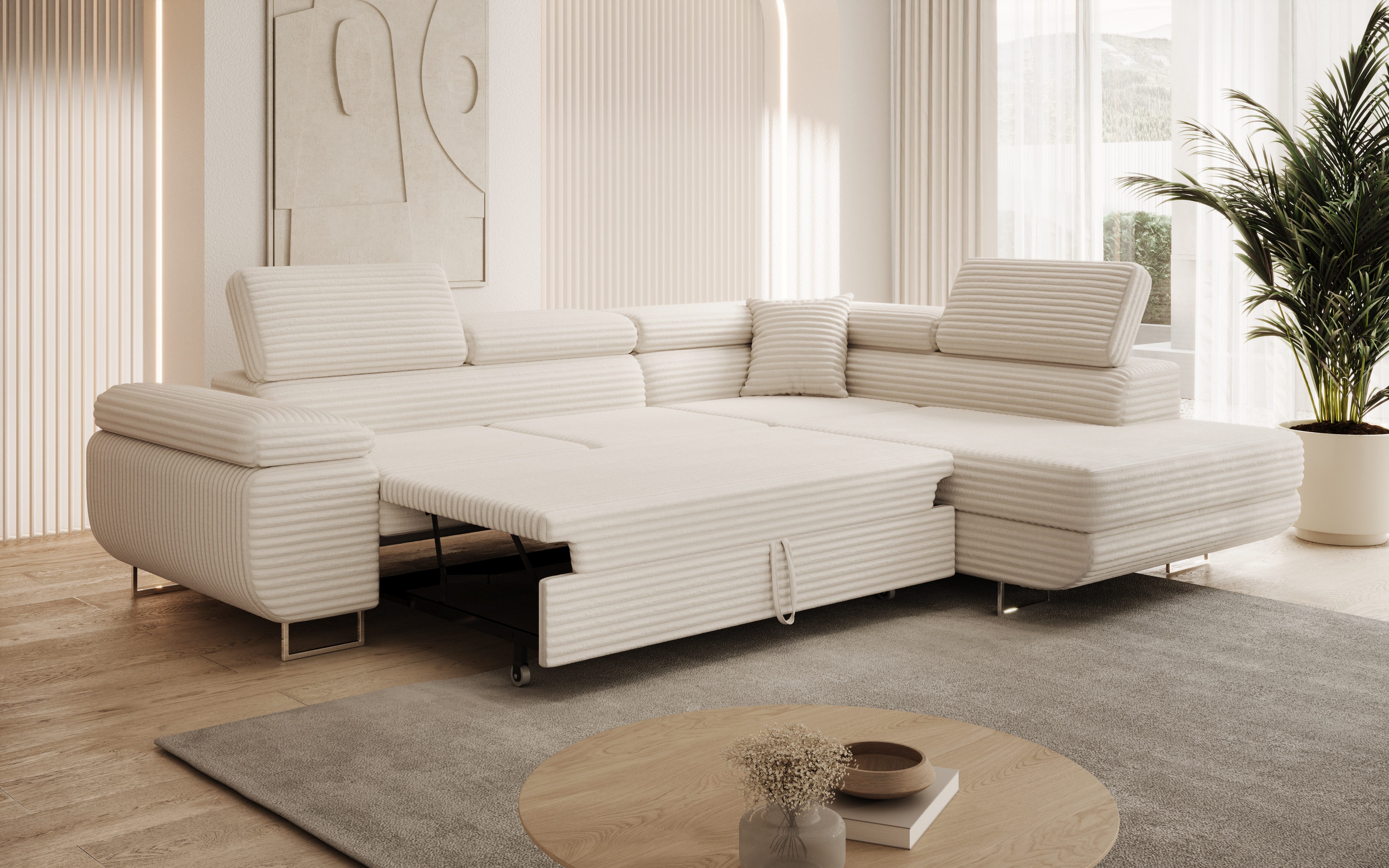 thematys Ecksofa ASTON mit Schlaffunktion & Bettkasten – Cordstoff TILIA, - mit 3 verstellbaren Kopfstützen, – L-Form 273×203 cm – Schlafsofa mit Auszug
