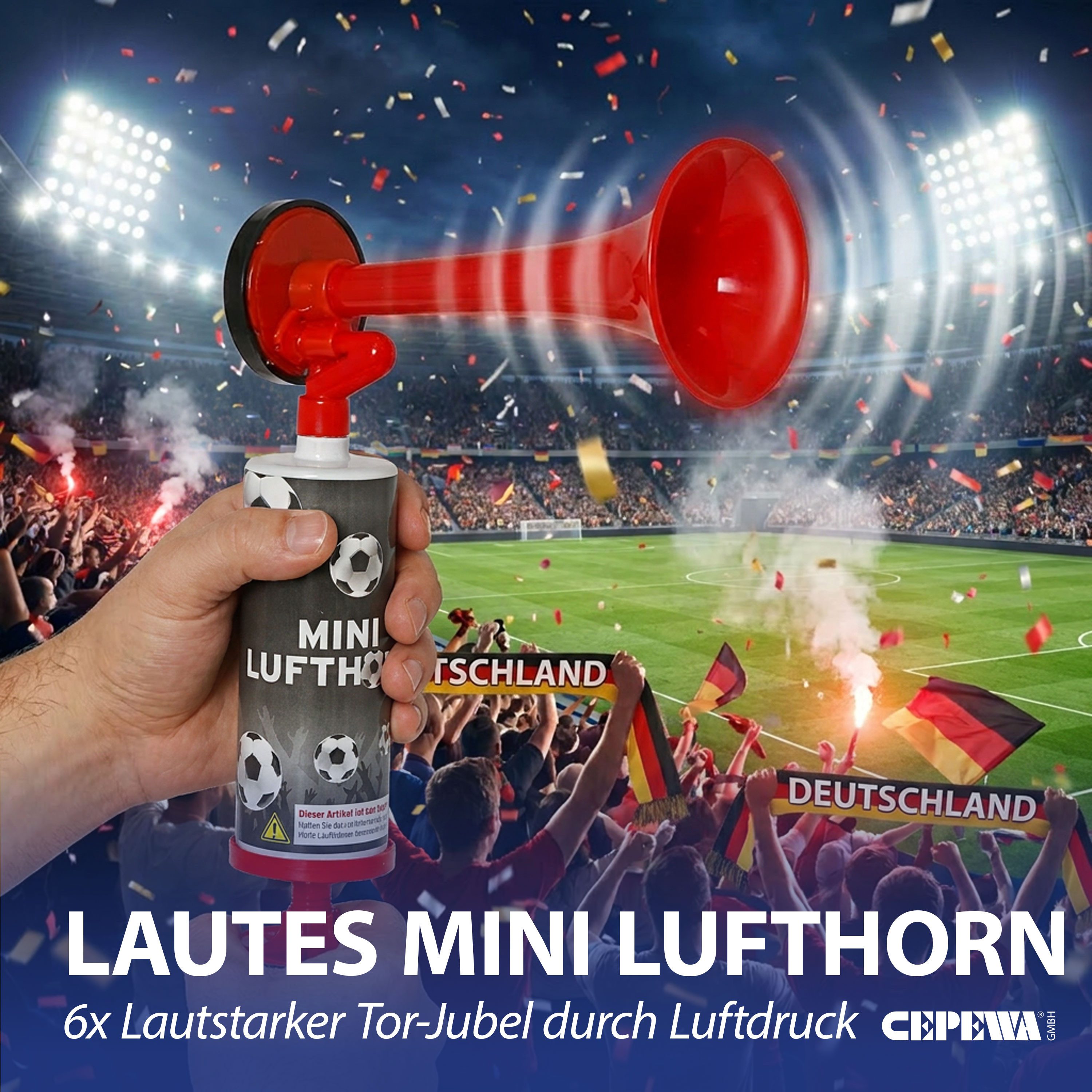 CEPEWA Signalpfeife Mini Lufthorn 6er Set Pumpe Horn Fanfare Luftdruck Fussball WM EM