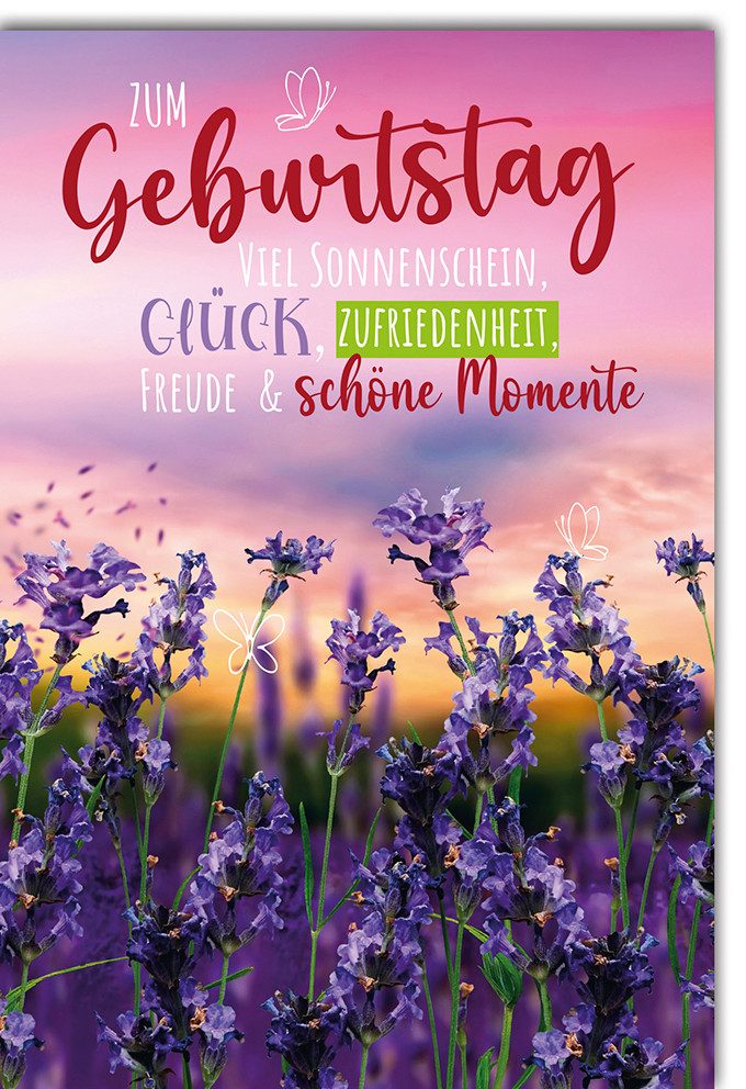 Verlag Dominique Grußkarten Geburtstag - Glückwunschkarte im Format 11,5 x 17 cm - Lila Blumenfeld