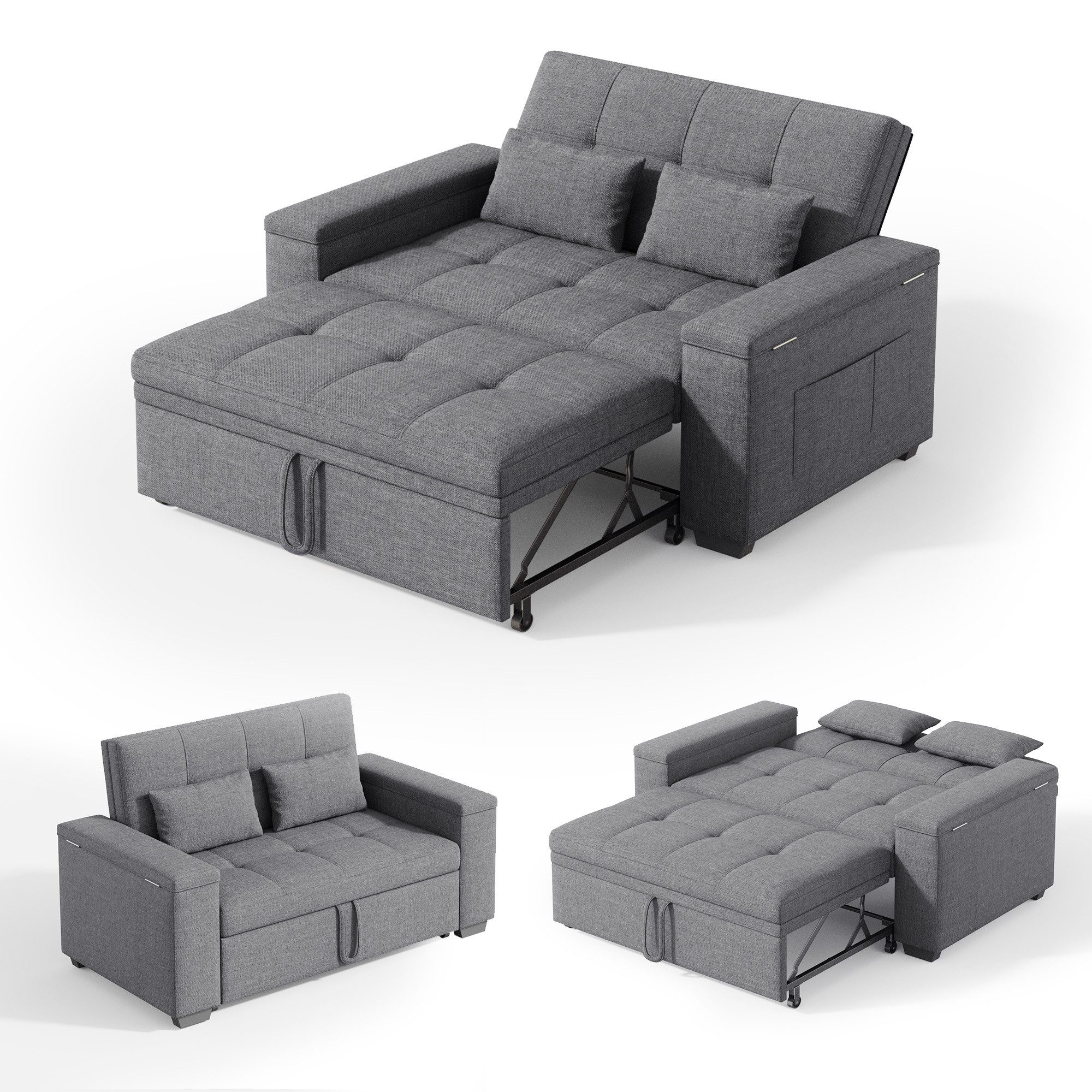 Blishom Schlafsofa 2-Sitzer-Sofabett mit verstellbarer Rückenlehne, Ausziehbares mit Kissen und Seitentasche Armlehne mit Staufach