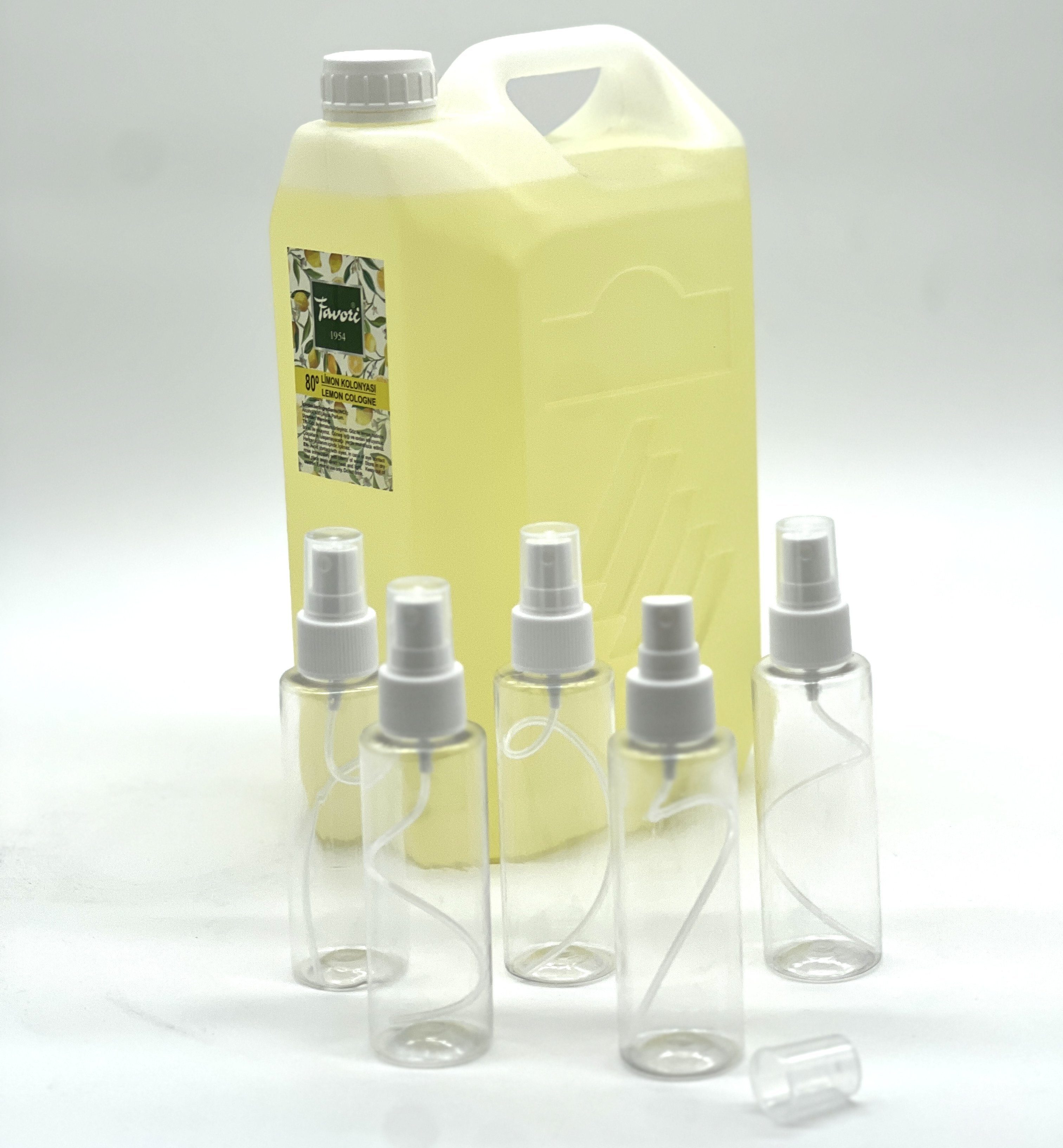 Uzman Eau de Cologne Kolonya 80° Limon Kolonyasi 5 Liter mit 5x 100ml Abfüllflaschen, Zitronen Duftwasser Eau de Cologne