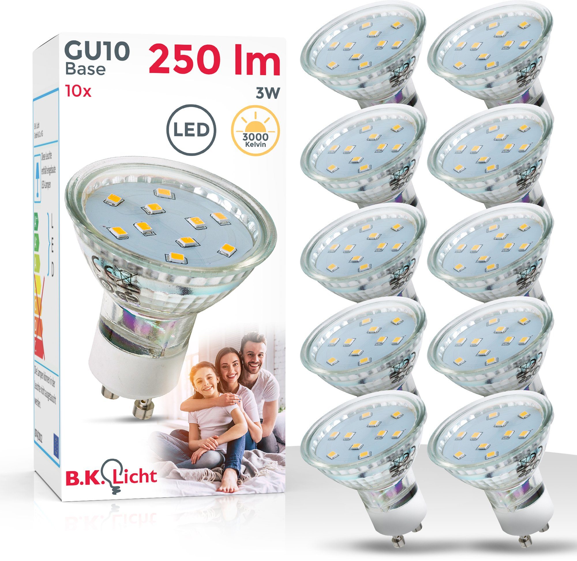 GU10, B.K.Licht St., SET 3 3.000 Kelvin Lampe Watt LED-Leuchtmittel, 250 Warmweiß, Energiesparlampe 10 Lumen LED Glühbirne