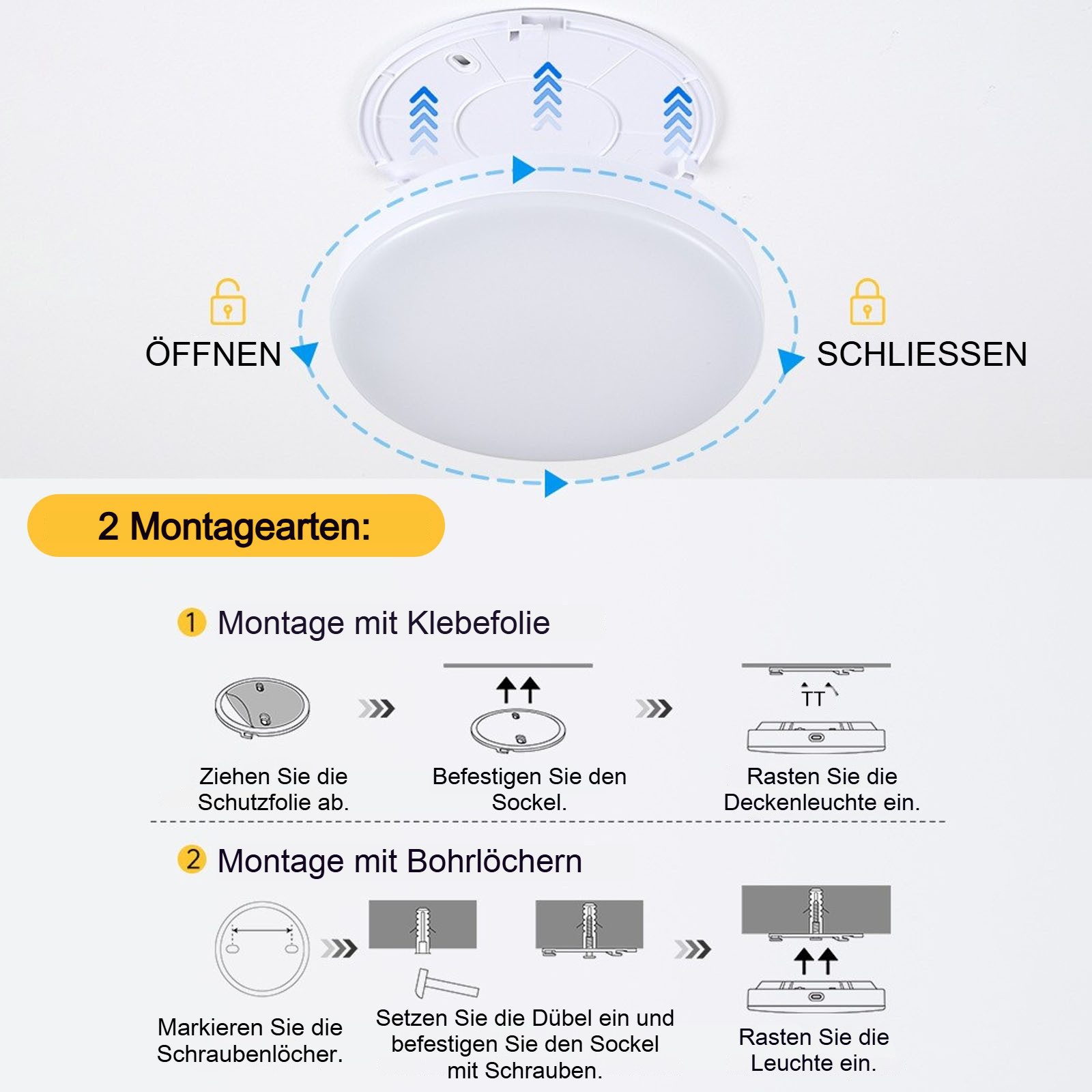PRIISF LED Deckenleuchte LED Deckenlampe mit Radar Bewegungsmelder Akku Deckenleuchte 10000 mAh, Dimmbar, 3000K/4300K/6500K Runde Sensor Licht, Wiederaufladbare Deckenleuchte LED Panel, Aufladbar Lamp mit Fernbedienung‌ für Badezimmer, Keller, Garage