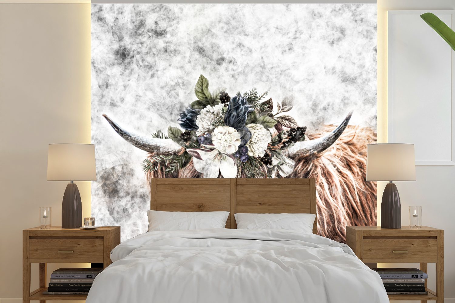 Schlafzimmer, für Matt, St), Highlander bedruckt, Fototapete Blumen, - oder Tapete MuchoWow Vinyl Kuh Wandtapete - Schottische (5 Schottischer Wohnzimmer