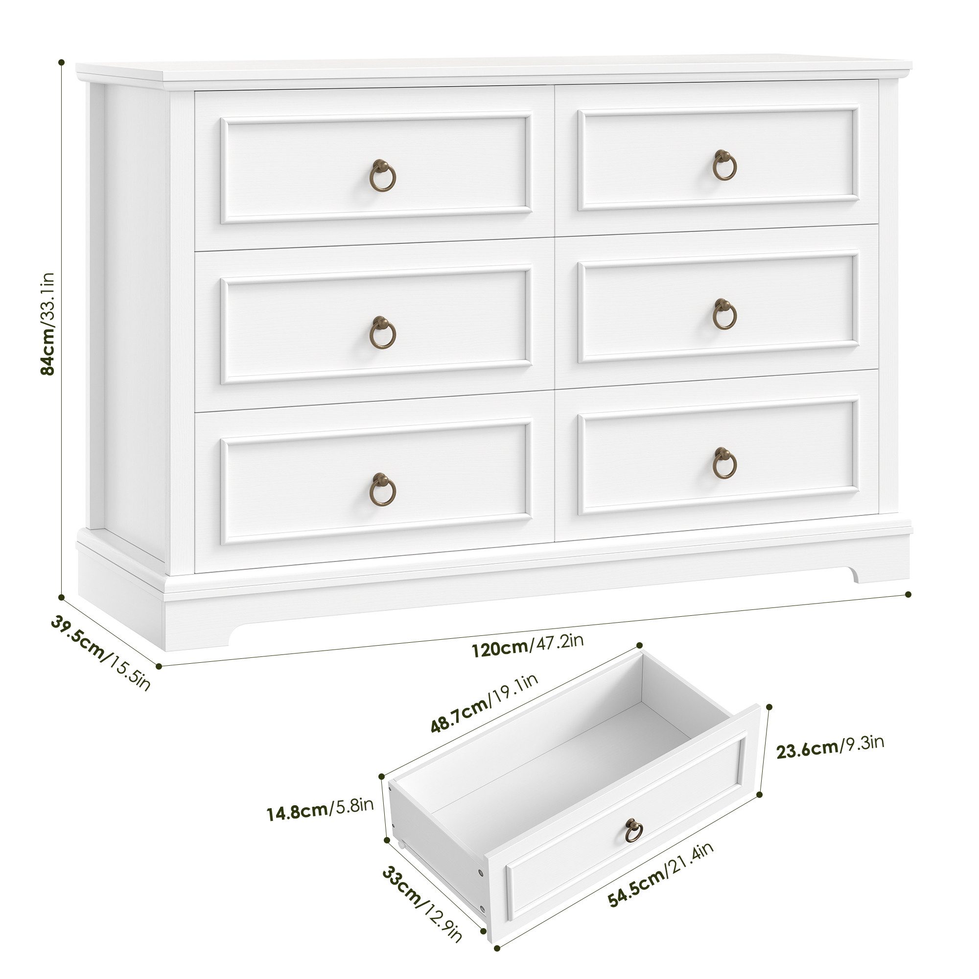 HOMECHO Kommode, Weiß mit 6 Schubladen, 120cm Breit Komodenschrank Sideboard