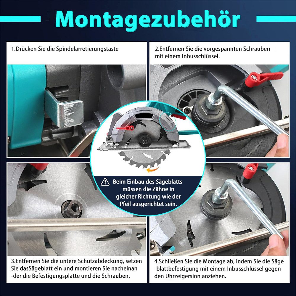 PODOFO Akku-Handkreissäge Bürstenlose Akku-Kreissäge 6" 18V, 6900 U/min, 0° bis 45°, für Holz, Weichmetall, Kunststoff, Fliesen