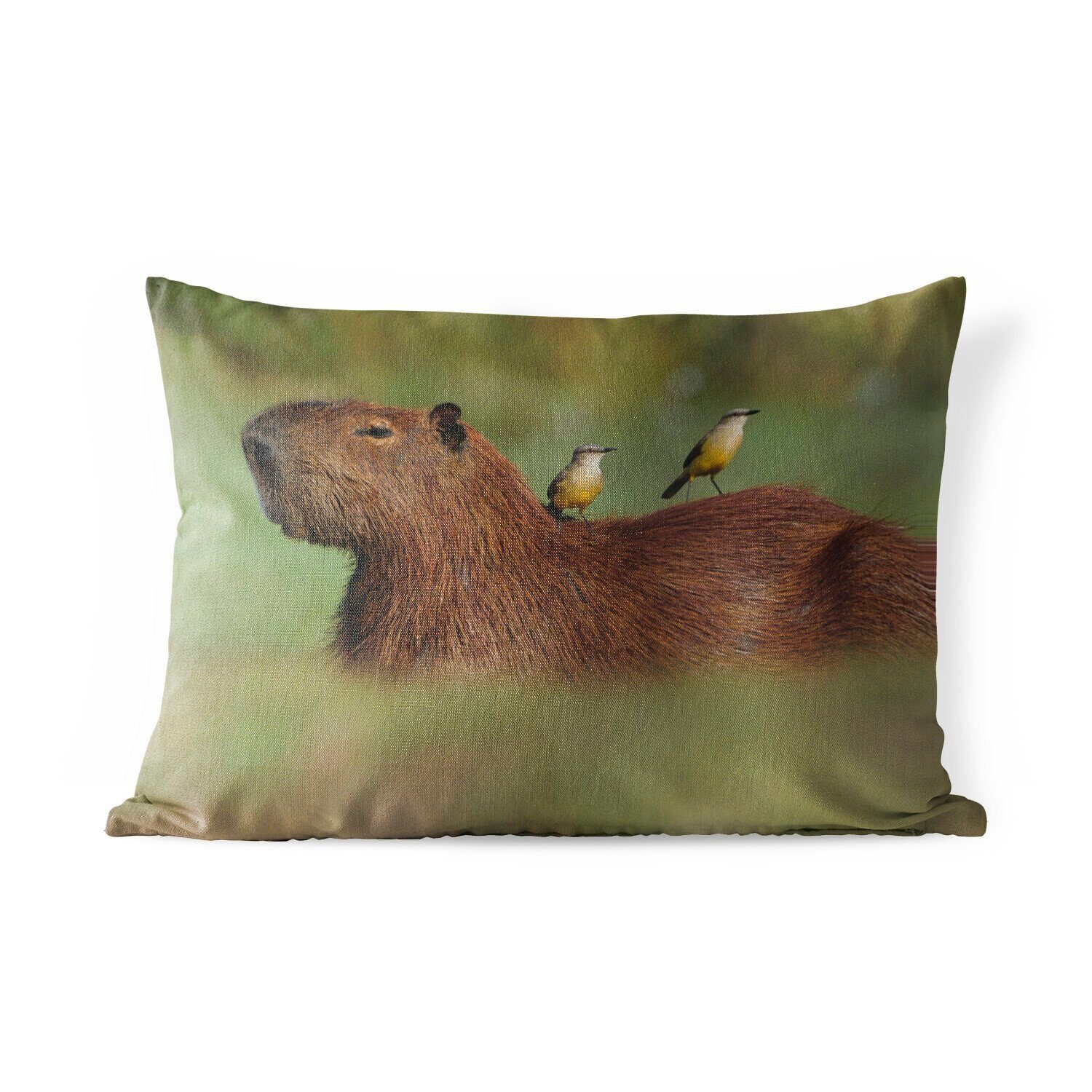 MuchoWow Dekokissen Zwei Vögel sitzen auf einem Capybara, Outdoor-Dekorationskissen, Polyester, Dekokissenbezug, Kissenhülle