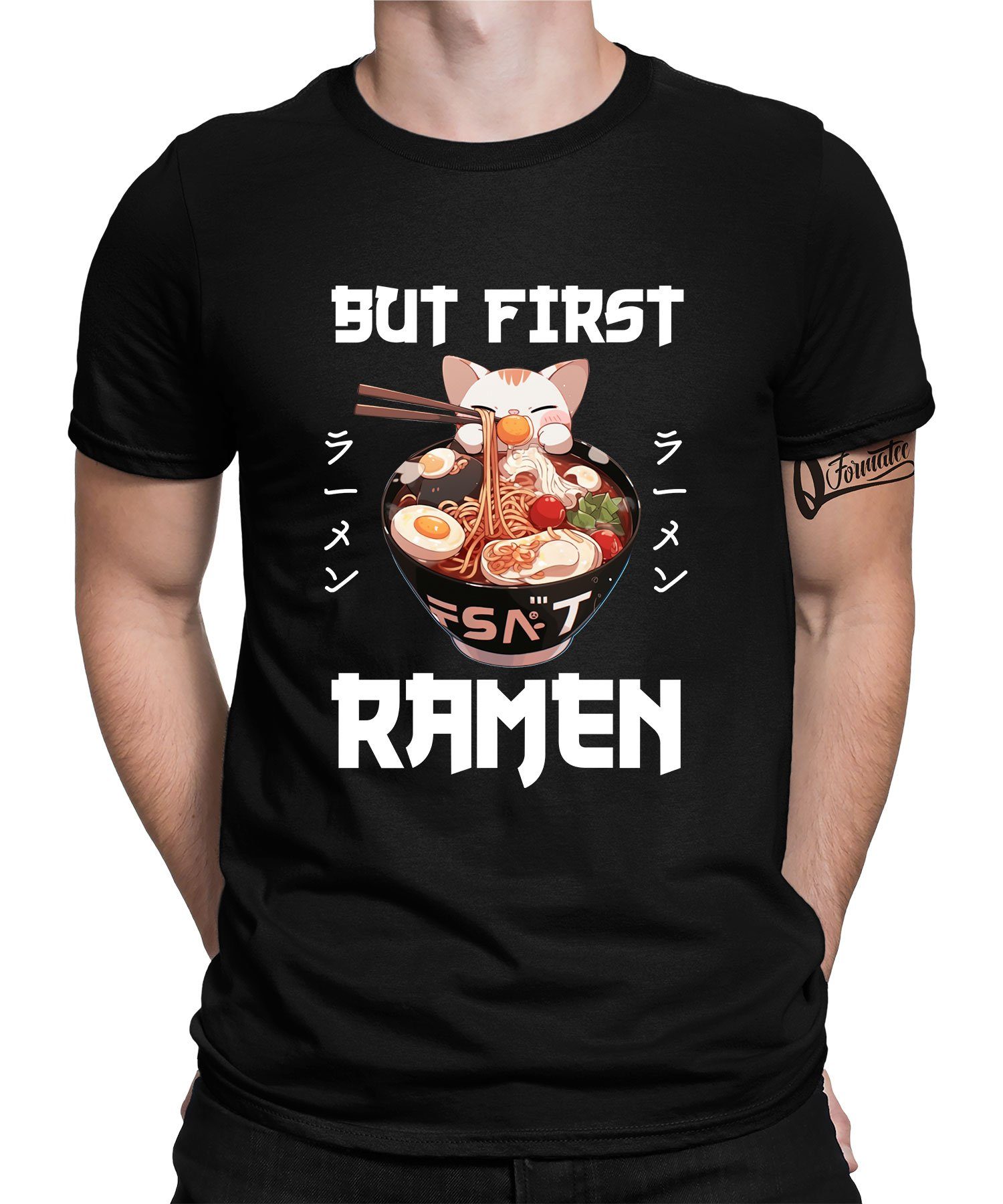 T-Shirt Kurzarmshirt Anime Katze Ramen Herren Quattro First Schwarz (1-tlg) Nudeln Japan Japanische Formatee