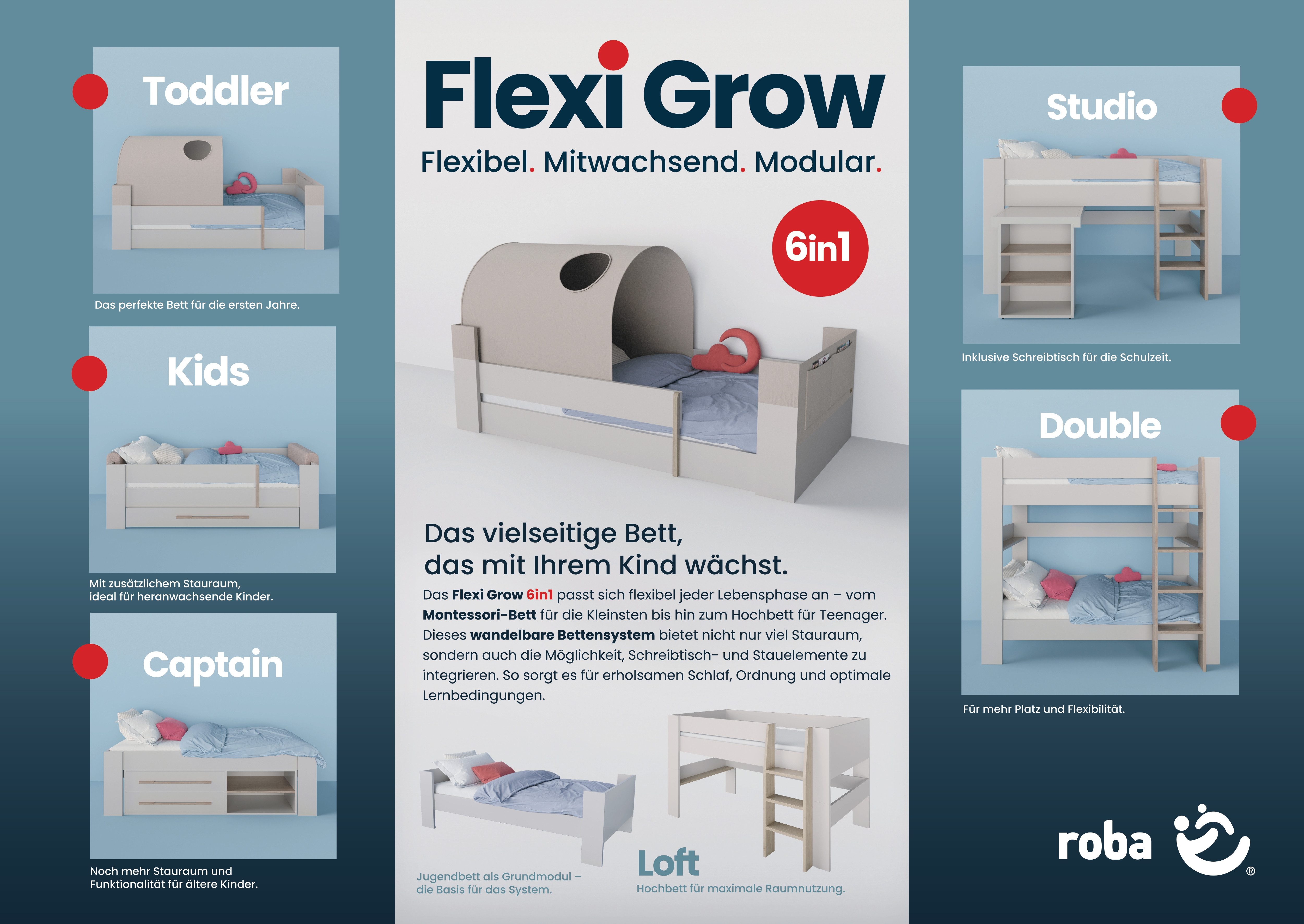roba® Kinderbett Flexi Grow 90 x 200 cm- mitwachsendes & modulares Bett-System aus Holz (Hergestellt in Europa - Blauer Engel zertifiziert, ohne Lattenrost), Einzelbett, nutzbar als Kinder- oder Jugendbett - Cashmere / Beige