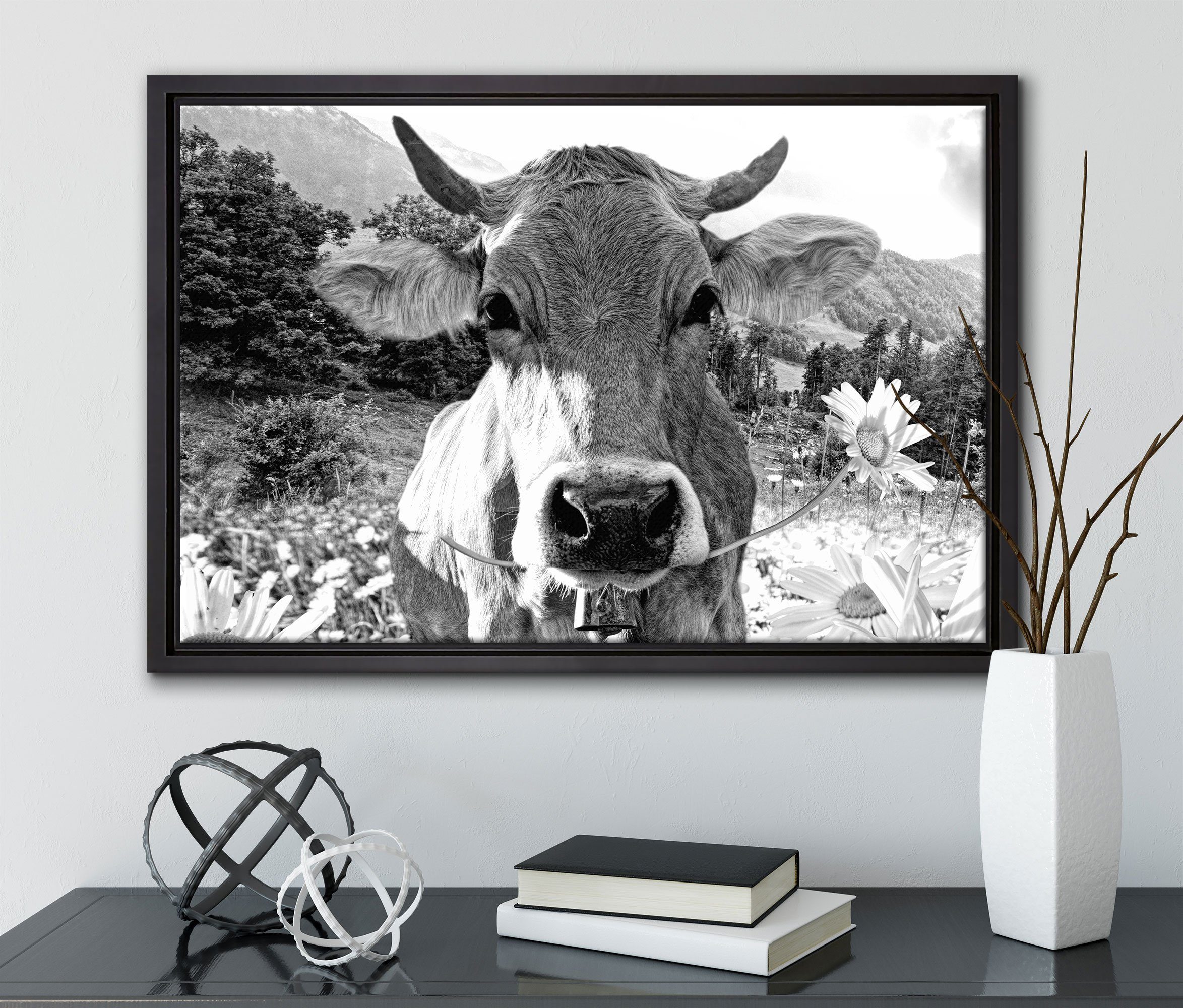 Pixxprint Leinwandbild Nahaufnahme Kuh mit Schattenfugen-Bilderrahmen gefasst, Wanddekoration fertig Monochrome, Zackenaufhänger inkl. St), einem in Leinwandbild (1 Margerite, bespannt