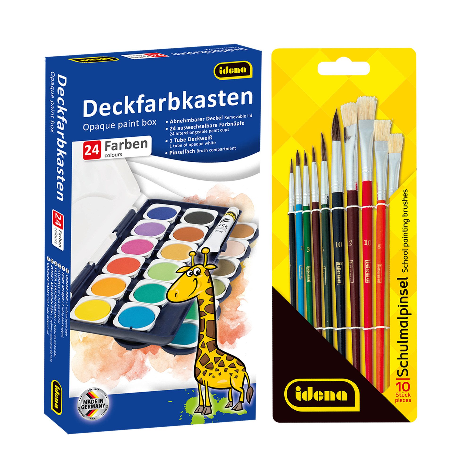 Idena Farbkasten Idena Set Deckfarbkasten 24 Farben und Deckweiß & Schulmalpinsel 10