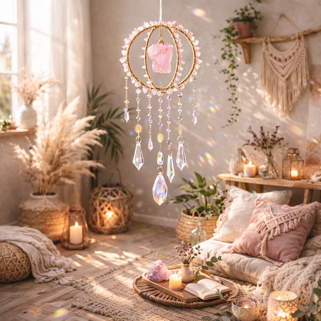 Karmandala Traumfänger Fenster Sonnenfänger mit Kristall, echte Edelsteine, mit Regenbogen Lichtspiel in die Traumwelt