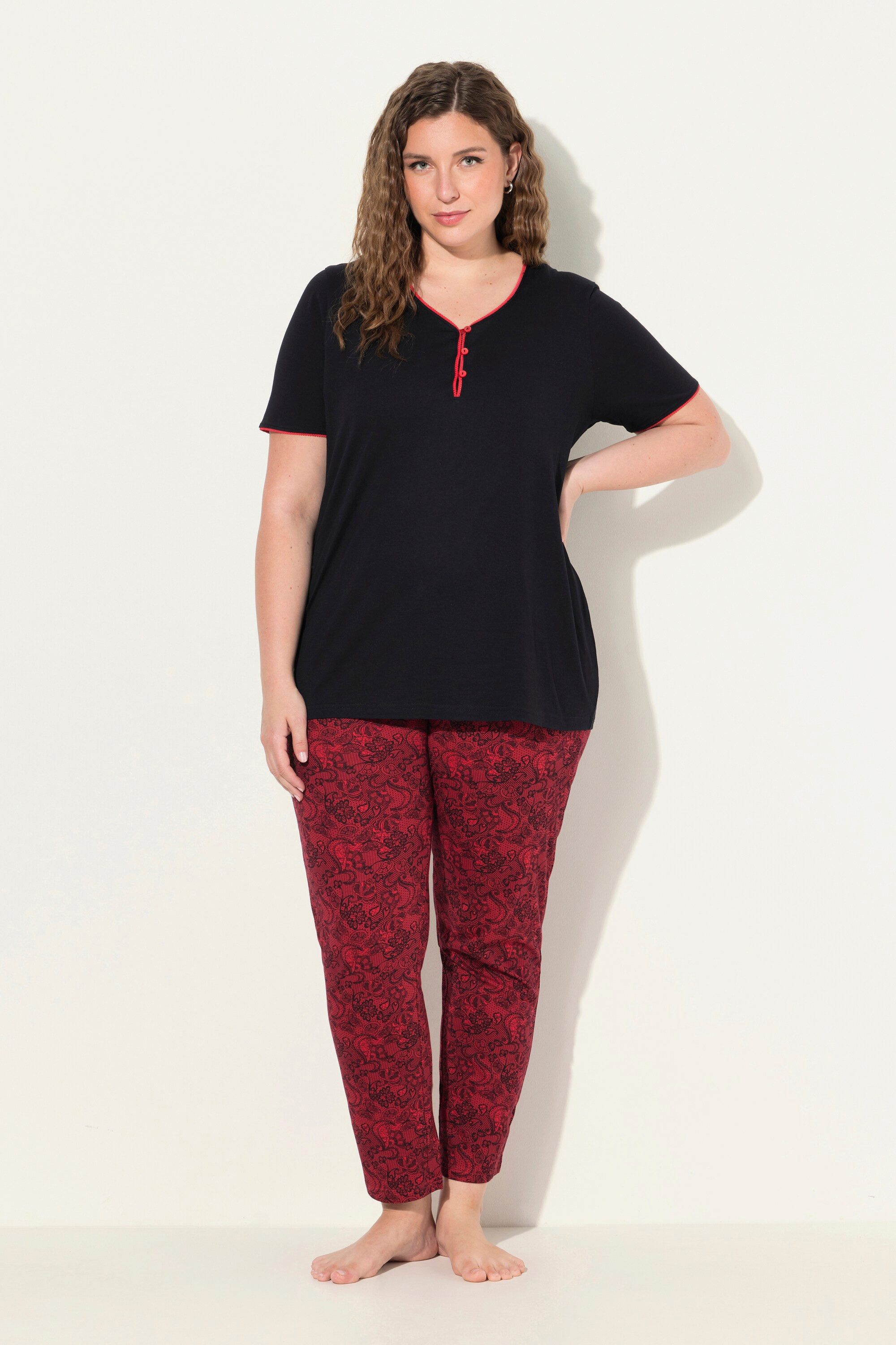 Ulla Popken Pyjama Pyjama Zierkante Spitzendruck Halbarm günstig online kaufen