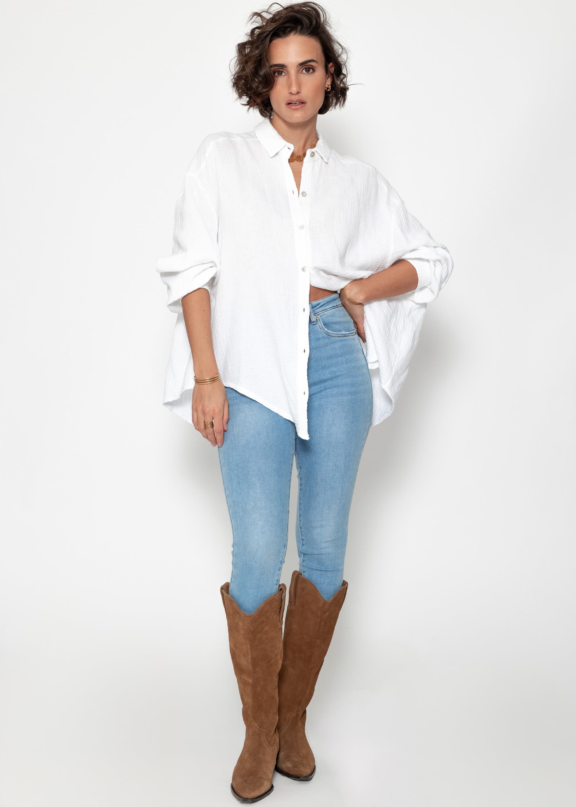 Longbluse Oversize Musselin Bluse Damen kurz Langarm Elegant