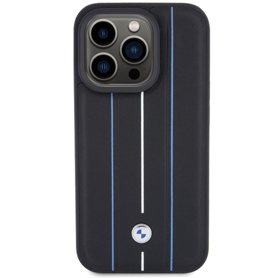 BMW Handyhülle Case iPhone 15 Pro Echtleder Streifen schwarz Logo Metall 6,1 Zoll, Kantenschutz