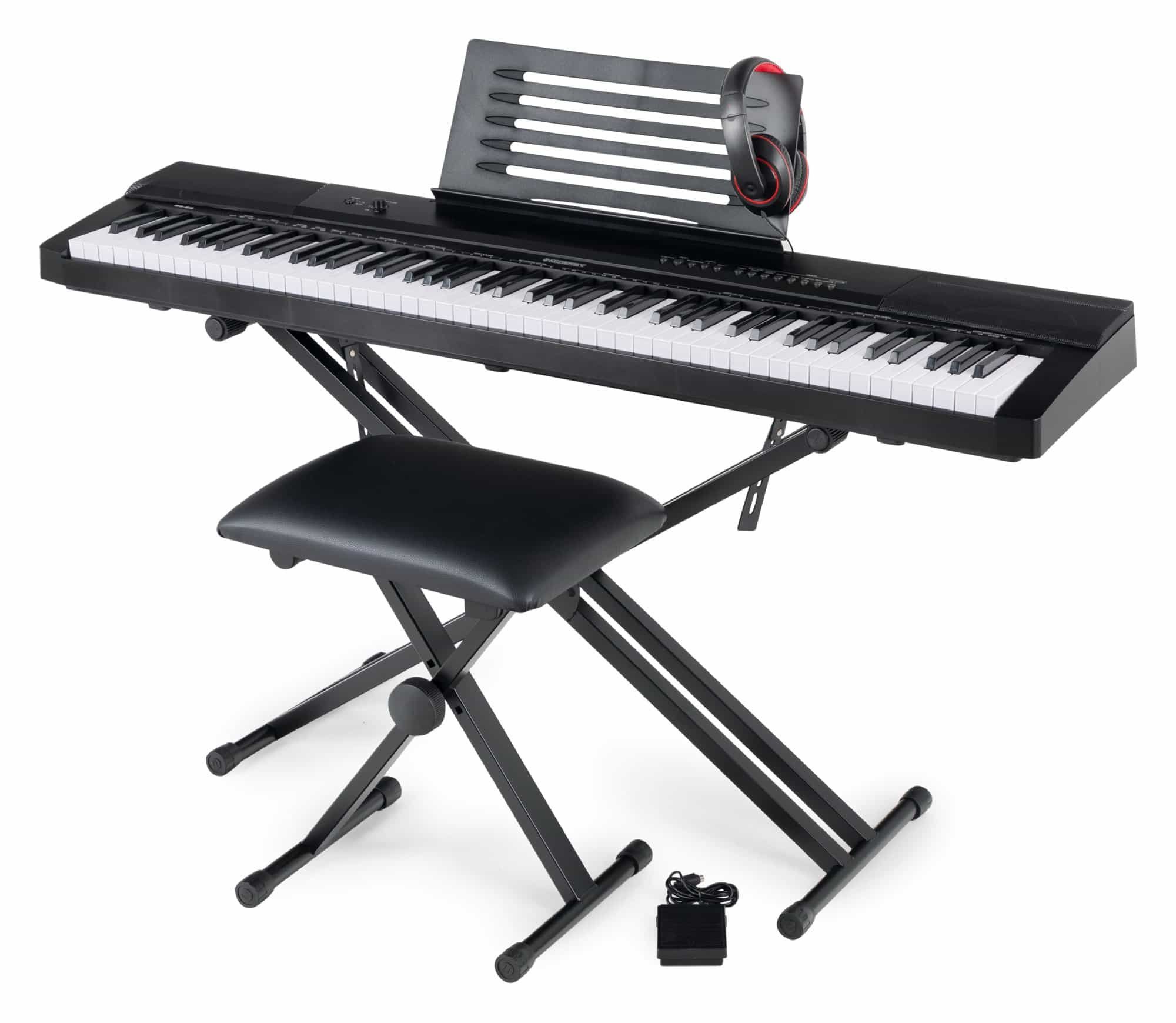 McGrey Home Keyboard SK-88 - 88 Tasten Einsteiger-Keyboard in Stagepiano-Optik, (Super Kit, 5 tlg., inkl. Sustain-Pedal, Keyboardständer, Hocker und Kopfhörer), 146 Sounds, USB to Host Aufnahme-, Split-, Dual- und Twinova-Funktion