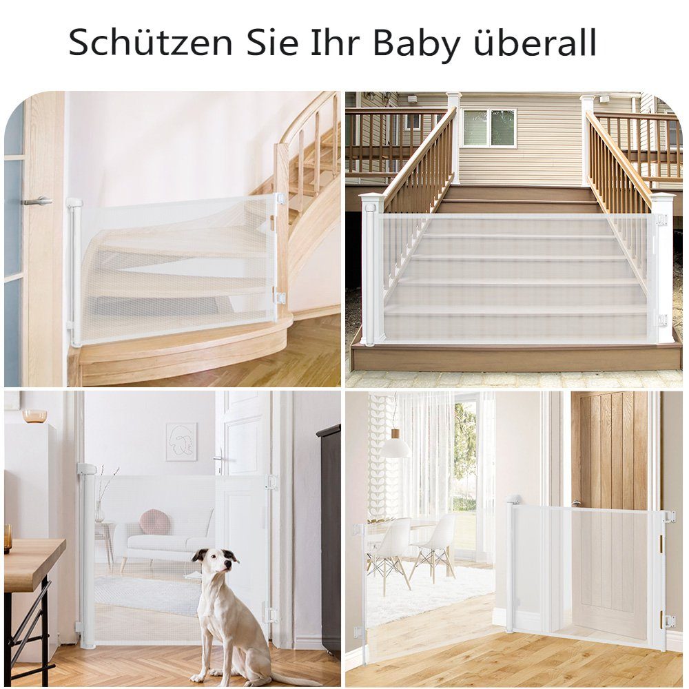 Verriegelung), (Baby Treppenschutzgitter Weiß Türschutzgitter Automatische 140/180cm Einziehbar 0-180°, Comomy