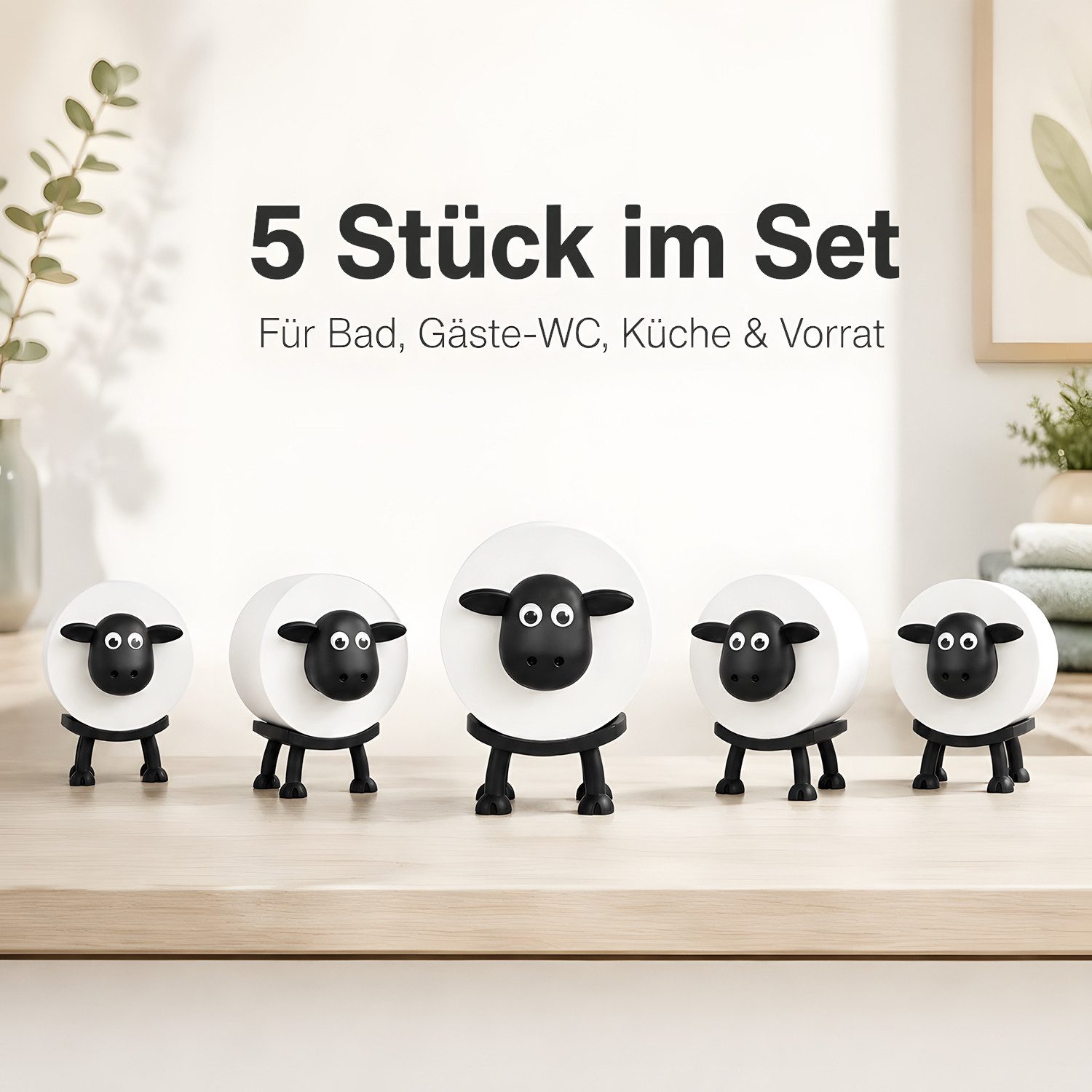 HEYHIPPO Toilettenpapierhalter 5er Set Schaf-Papierrollenhalter– freistehend, bis 4,2 cm, ohne Bohren (Spar-Set, Plastik Papierhalter Schaf-Design, rostfrei & s – Bild 4 von 5
